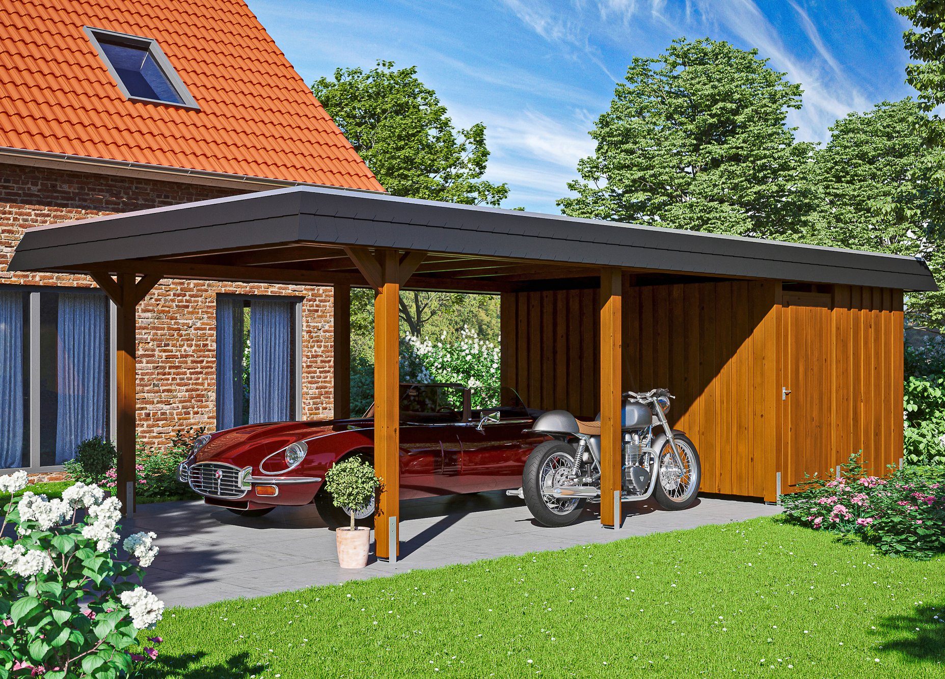 Skanholz Einzelcarport Wendland, BxT: 409x870 cm, 210 cm Einfahrtshöhe,  Massive Konstruktion aus hochwertigem Leimholz (BSH-Fichte) | Carports