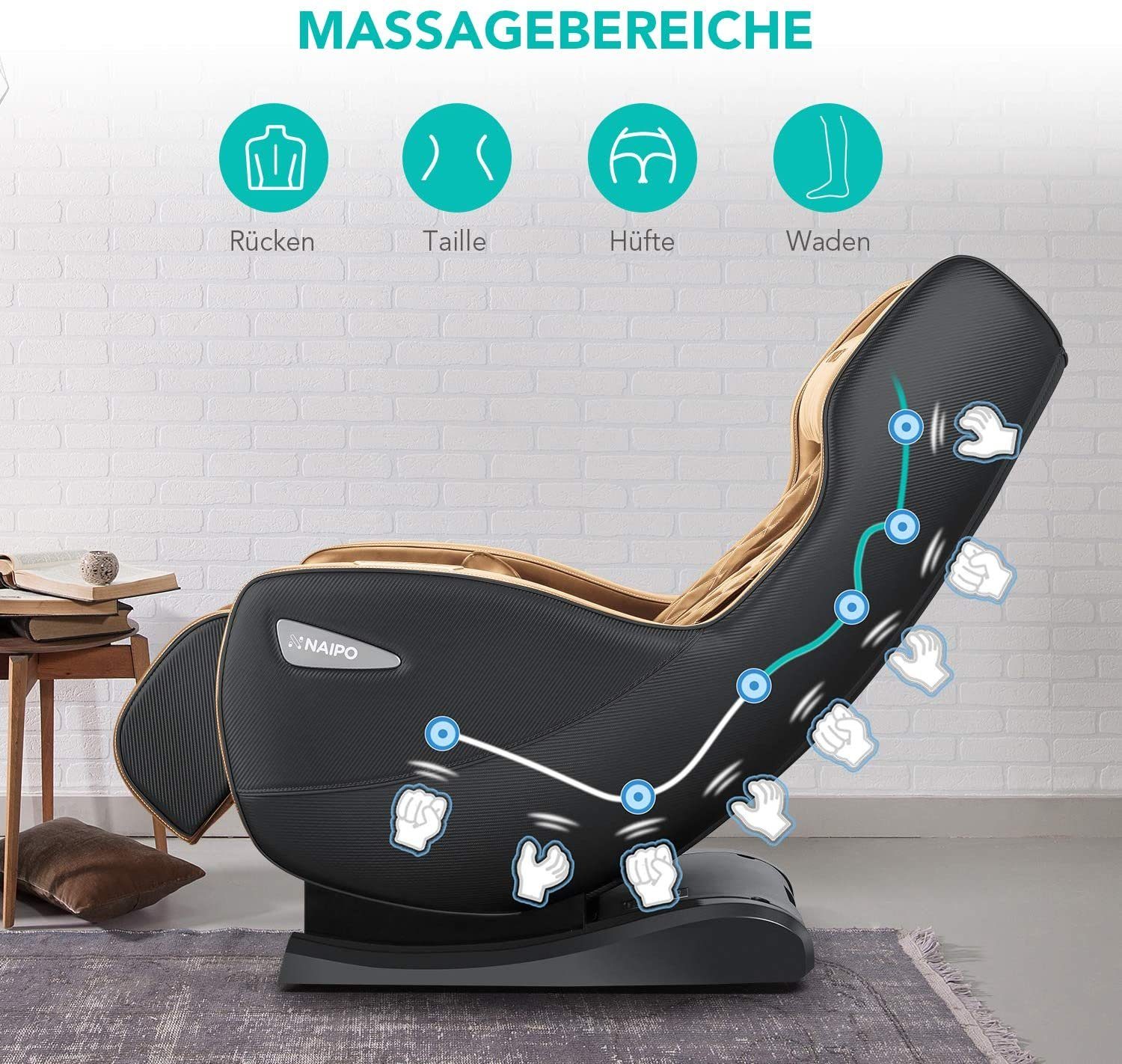 NAIPO Massagesessel, Massagestuhl Platzsparend Liegeposition, Hellbraun-Schwarz Bluetooth, mit