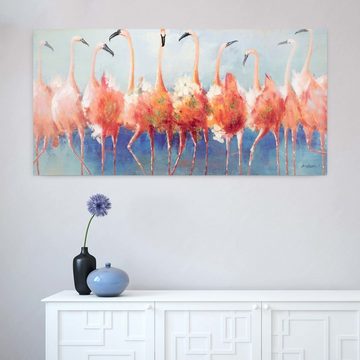 KUNSTLOFT Gemälde Tango Twist der Flamingos 140x70 cm, Leinwandbild 100% HANDGEMALT Wandbild Wohnzimmer