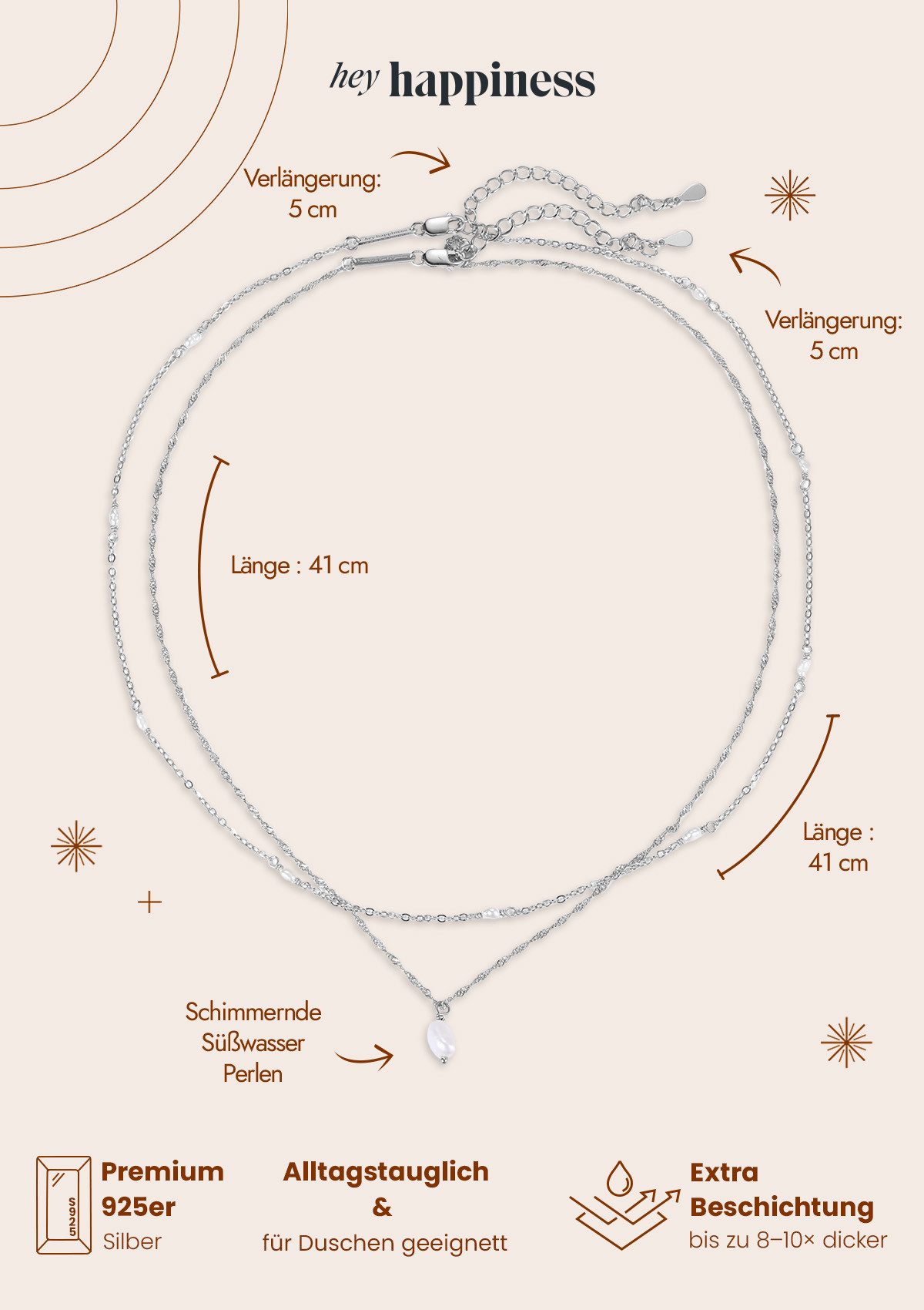 Hey Happiness Perlenketten-Set Damen 2-tlg., Schmuckset, Layer Halskette Silber 925 mit weißen Perlen, Brautschmuck – Bild 5 von 5