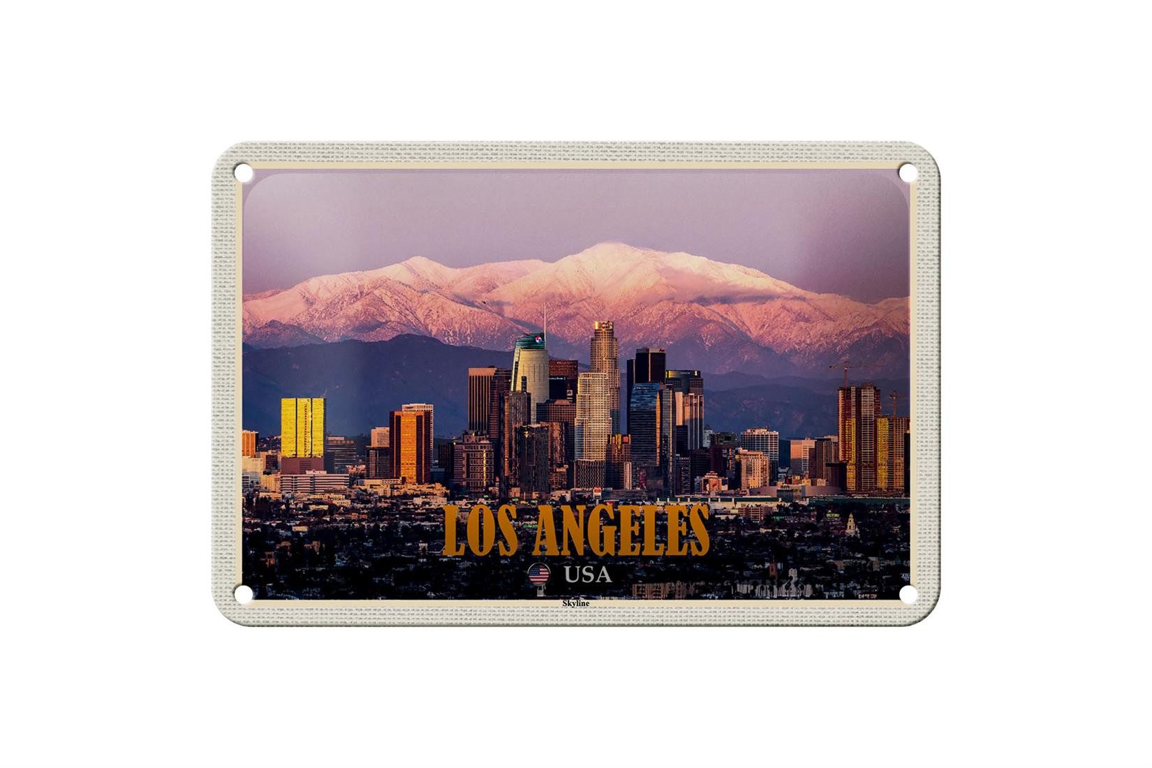 Metallschild Reise 18x12cm Los Angeles Skyline Berge Wolkenkratzer