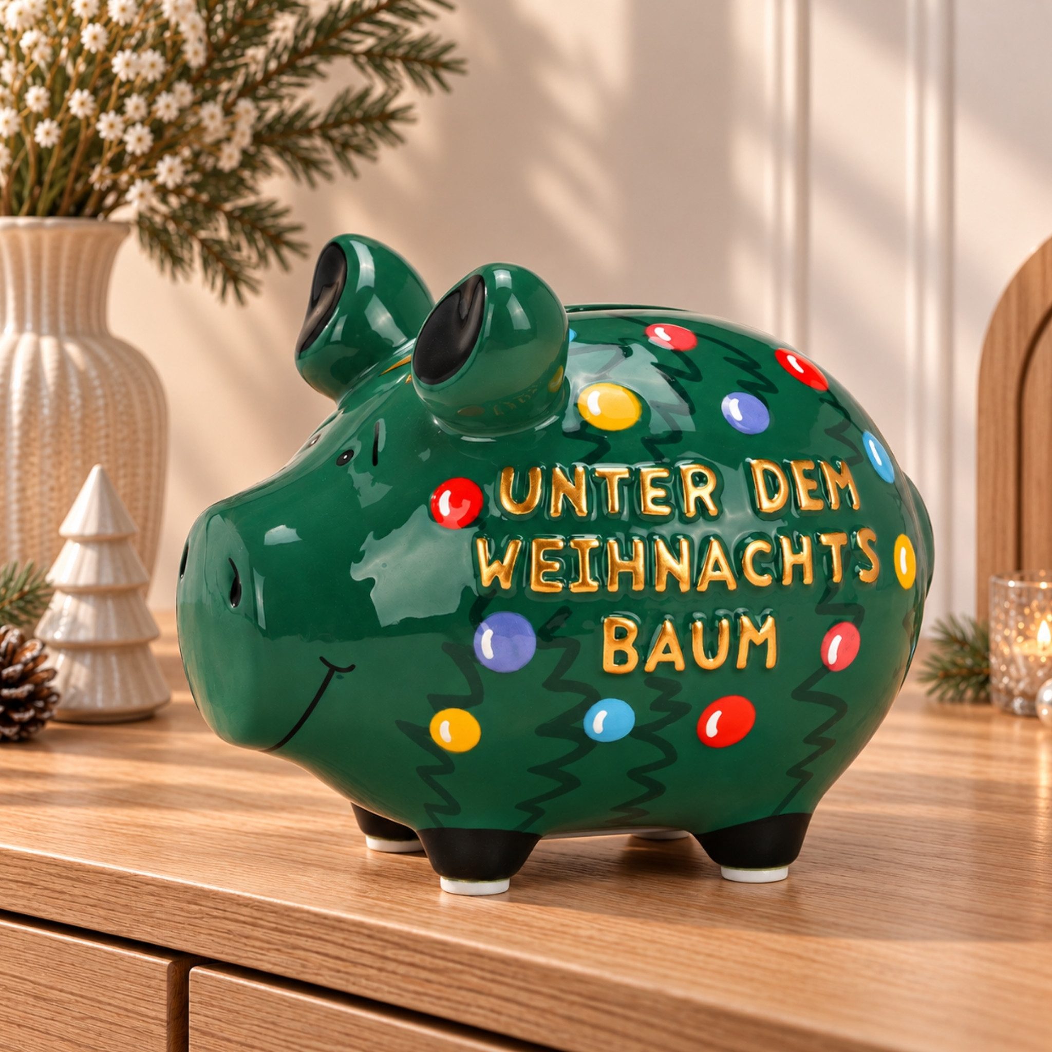 matches21 HOME & HOBBY Spardose Lustige Spardose Sparschwein WEIHNACHTSBAUM grün bunt 12 cm, Keramik Weihnachten Sparbüchse - Gummistopfen zum Öffnen