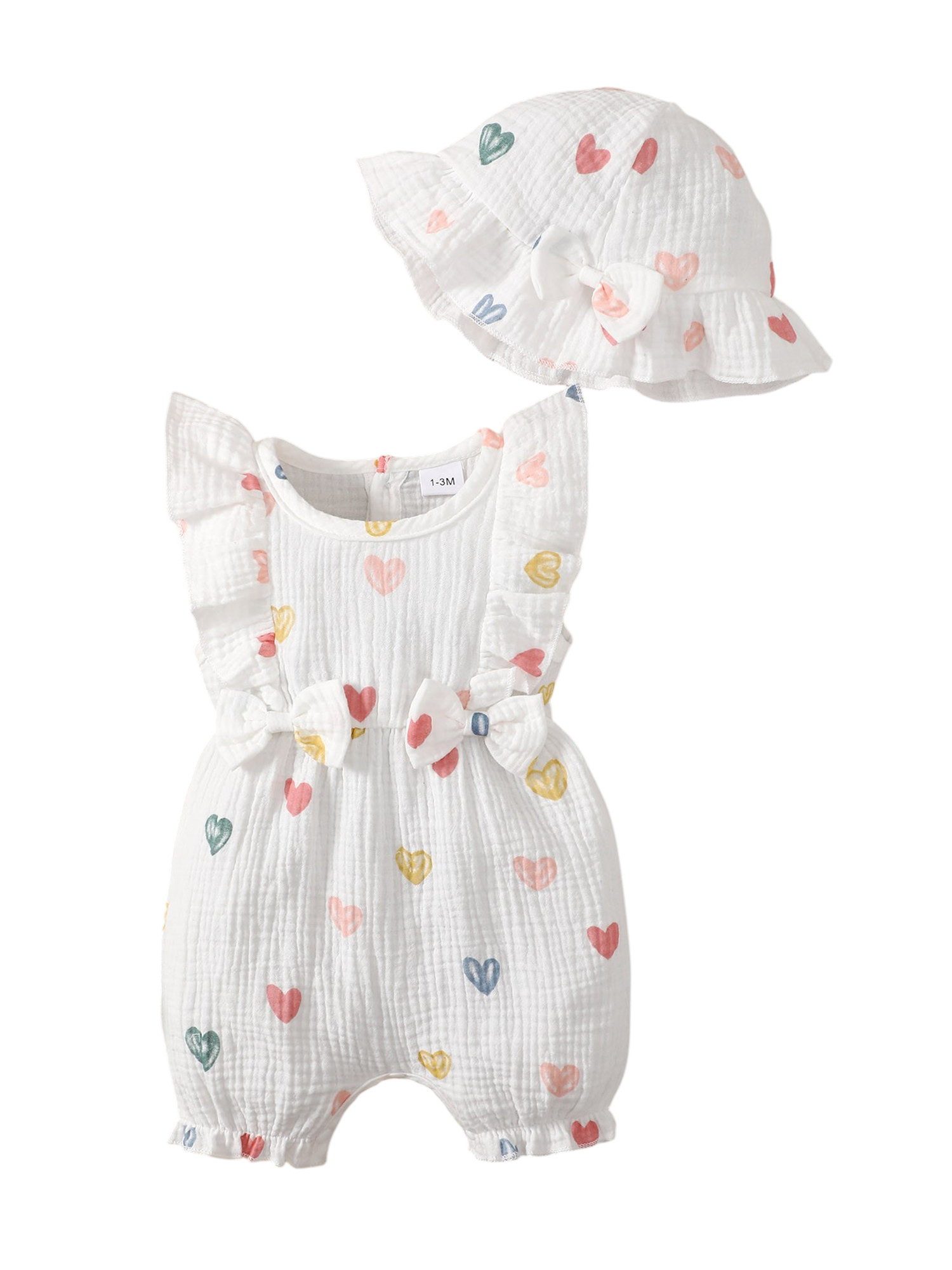 Gluckids Strampler Süßer kurzarm Body & Mütze mit Herzmuster für Babymädchen (Set, 2-tlg) Sommer Babykleidung aus Baumwolle, mit Rüschen