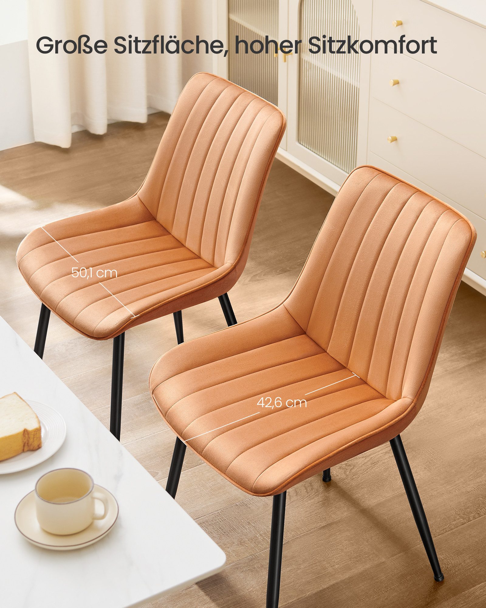 SONGMICS Esszimmerstuhl Küchenstuhl aus Samt, Polsterstuhl mit Armlehnen, Loungesessel (2 St), bis 120 kg belastbar, für Esszimmer, Küche, Stahlbeine, Polsterst – Bild 5 von 5