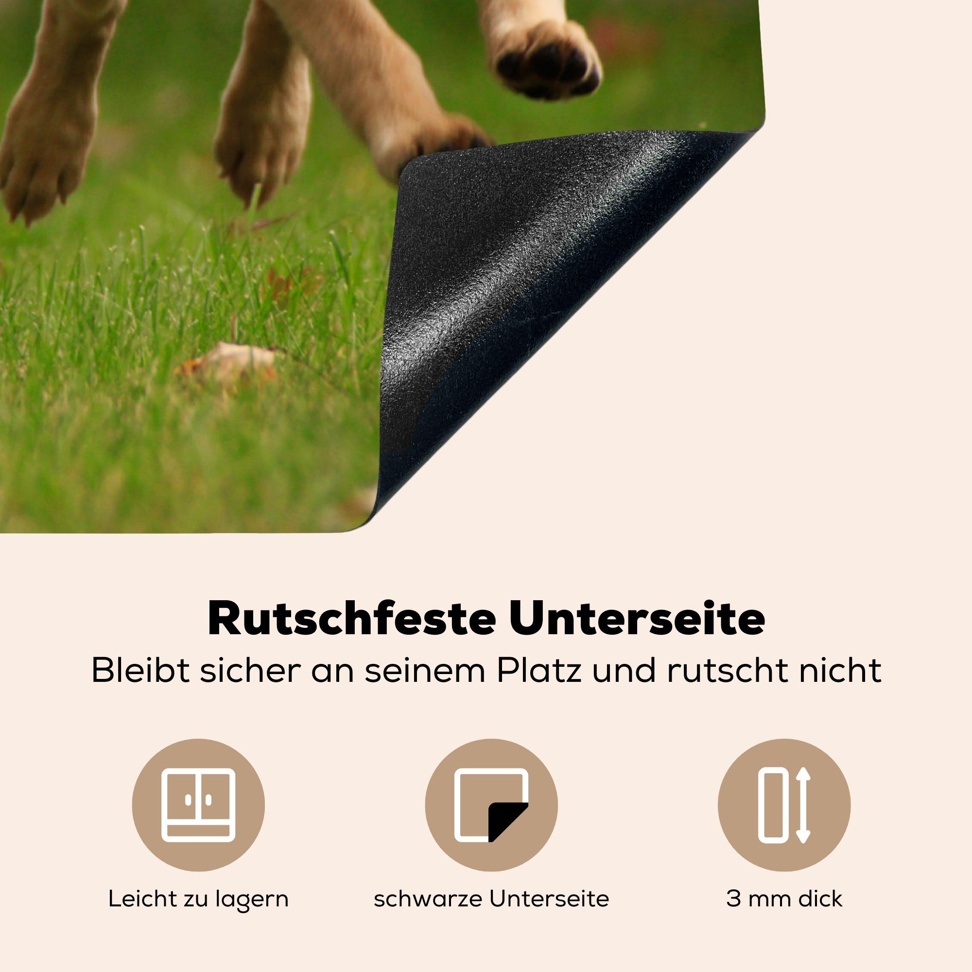 MuchoWow Herdblende-/Abdeckplatte Arbeitsfläche Labrador Retriever laufen gelbe cm, 70x52 nutzbar, Ceranfeldabdeckung das durch (1 tlg), Mobile Gras, Zwei Vinyl