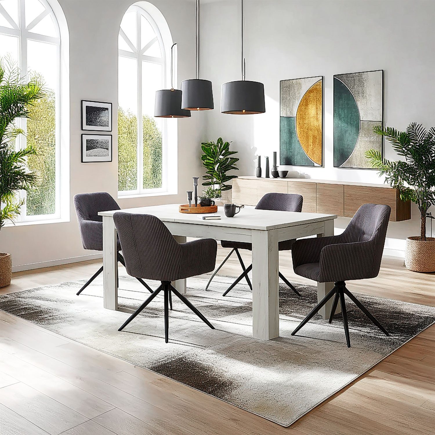 Essgruppe Esstisch 90x160 mit 4 Stühle Grau Weiß Küchentisch Sitzgruppe Sessel