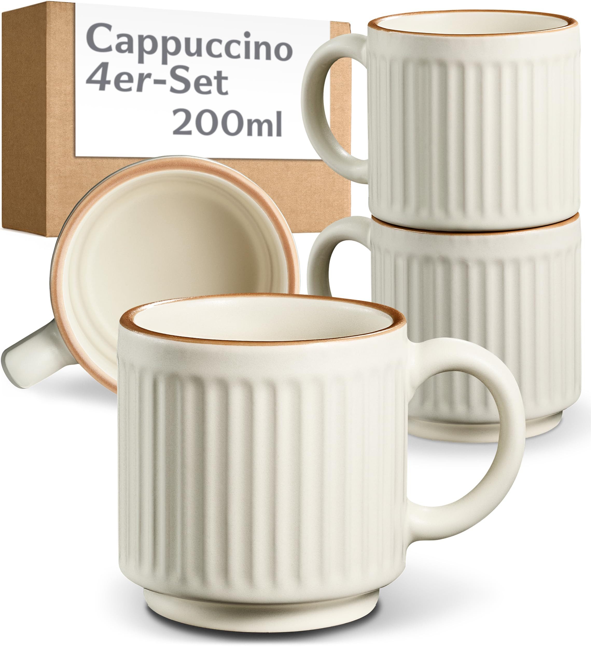Cosumy Tasse Kaffeetassen Set 4 St. vertikal stapelbar Keramik - Rillenoptik, 4-tlg., Keramik, Vertikal stapelbar, platzsparend, dickwandige Keramik mit Rillenoptik