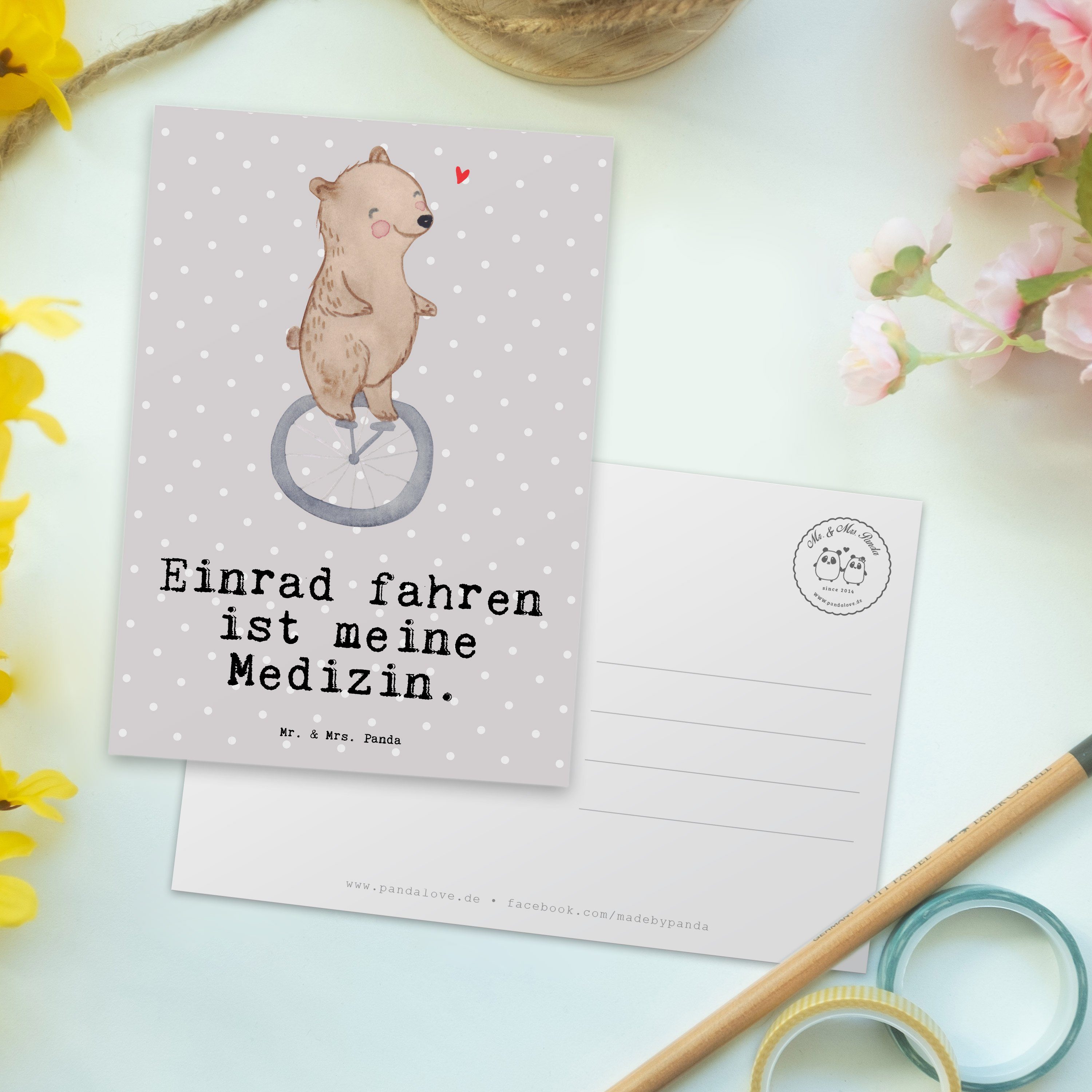 Mr. & - fahren - Gesch Mrs. Medizin Bär Pastell Einladung, Panda Geschenk, Einrad Postkarte Grau