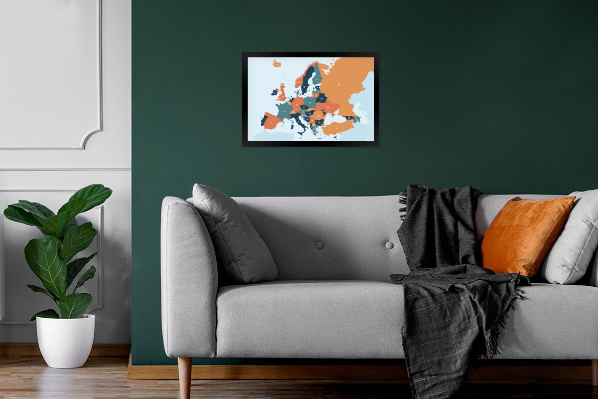 MuchoWow Schwarzem Wandposter, St), Orange, Karte Poster Poster, - Europa Bilderrahmen Wanddeko, (1 Bilder, Gerahmtes -