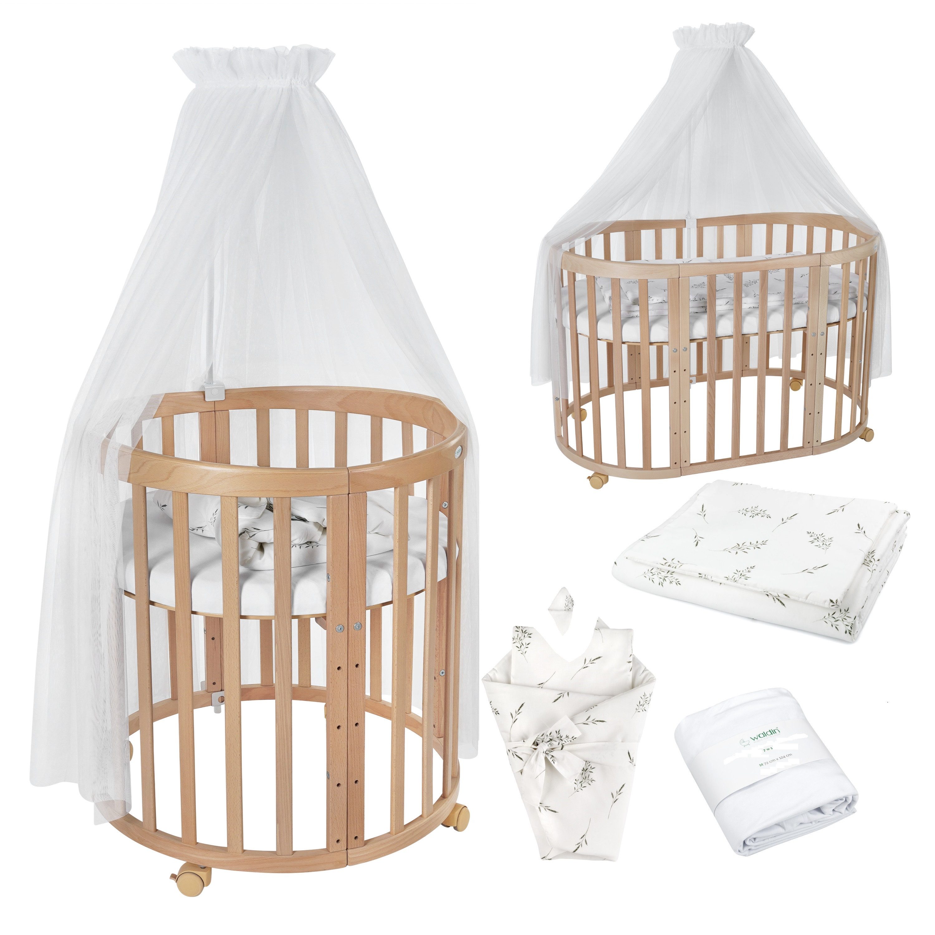 Babybett Mobiles Babybett OWAL aus Holz 7in1 mit Matratze, mitwachsend