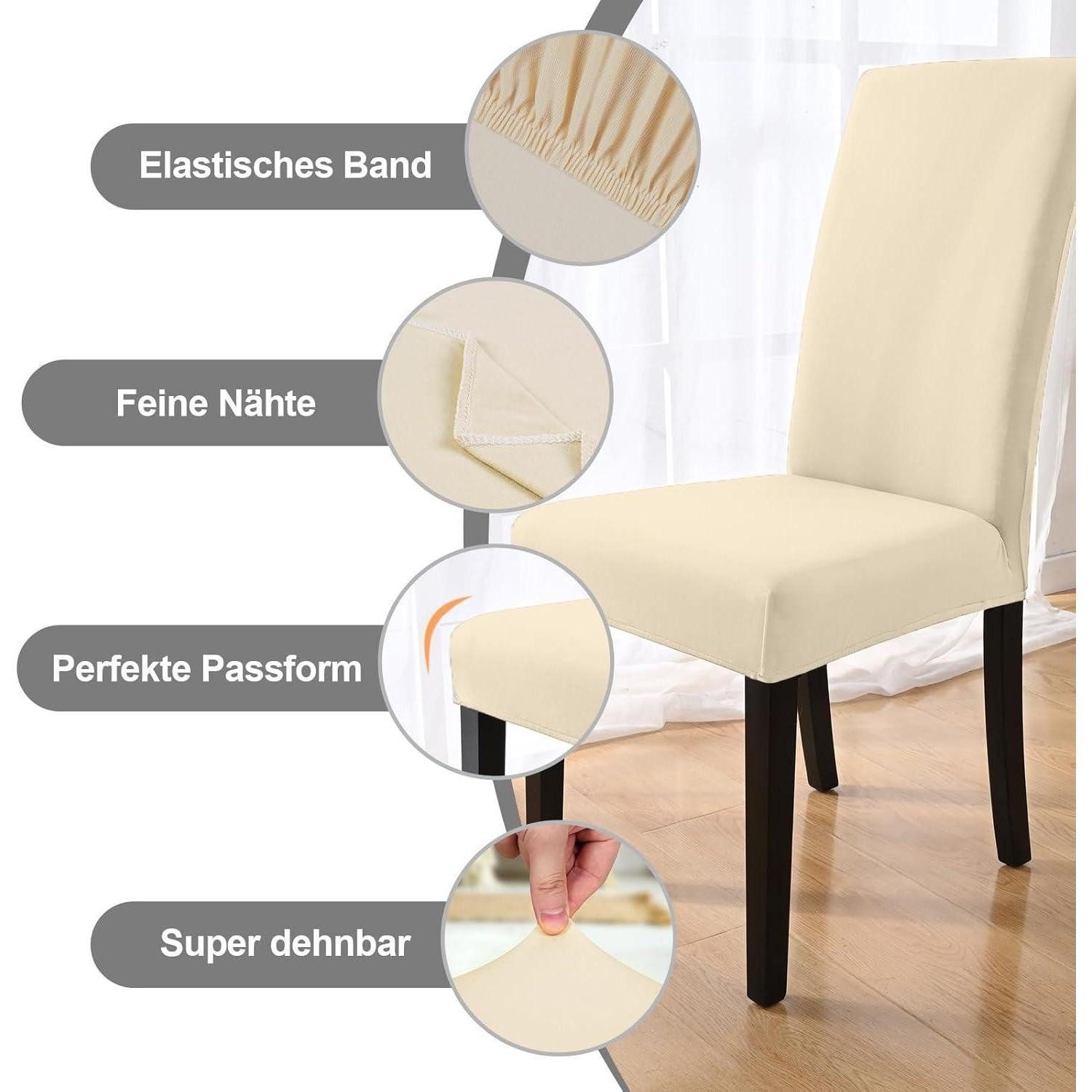 LuxusKollektion Stuhlbezug Stuhlhussen Stretch Schwingstuhl waschbar abnehmbar Beige 4er Set – Bild 3 von 5