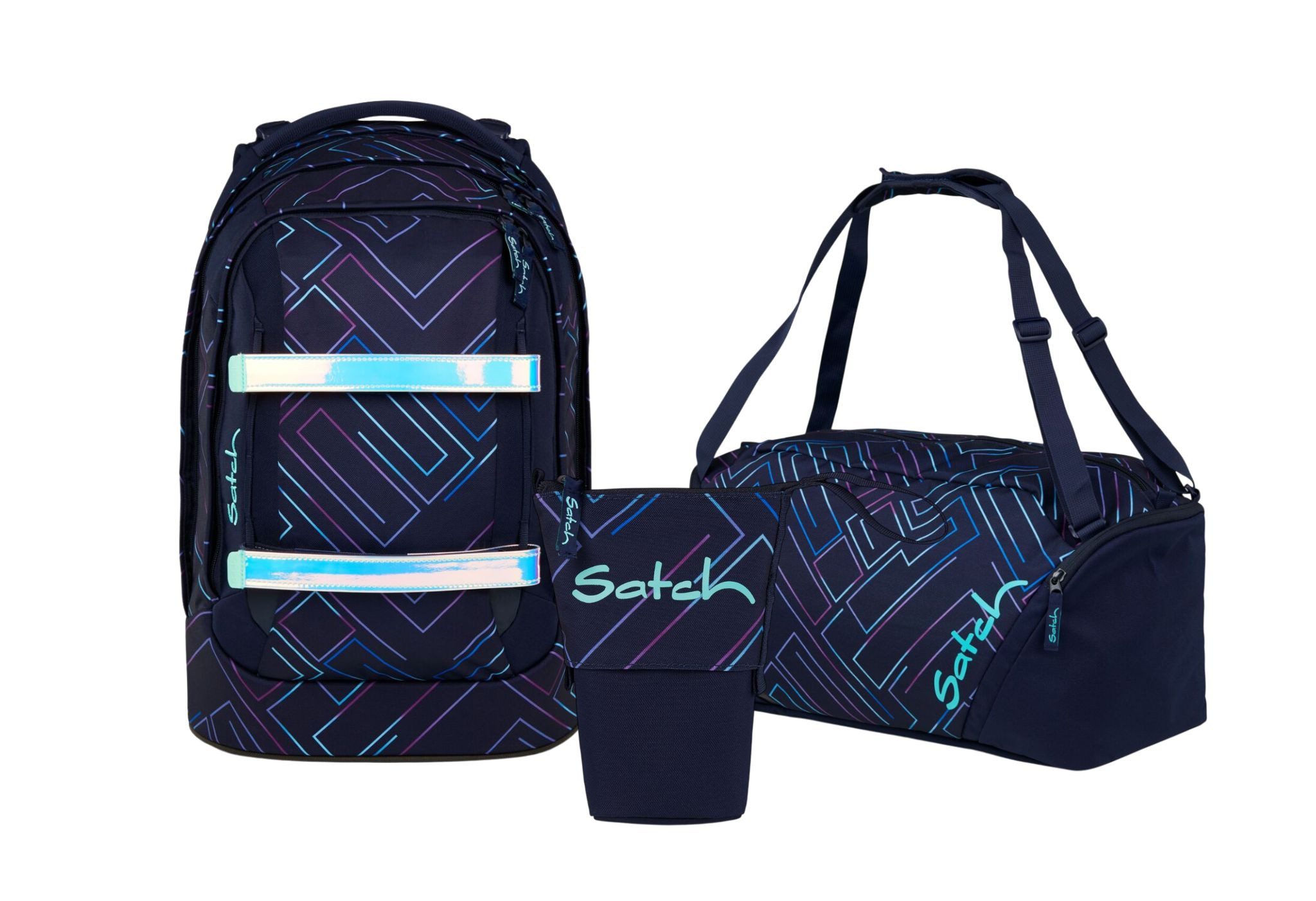 Satch Schulranzen Schulrucksack-Set PACK Purple Laser 3-teilig (3-teilig), ergonomisch, Your-Size-System: auf Körpergröße anpassbar