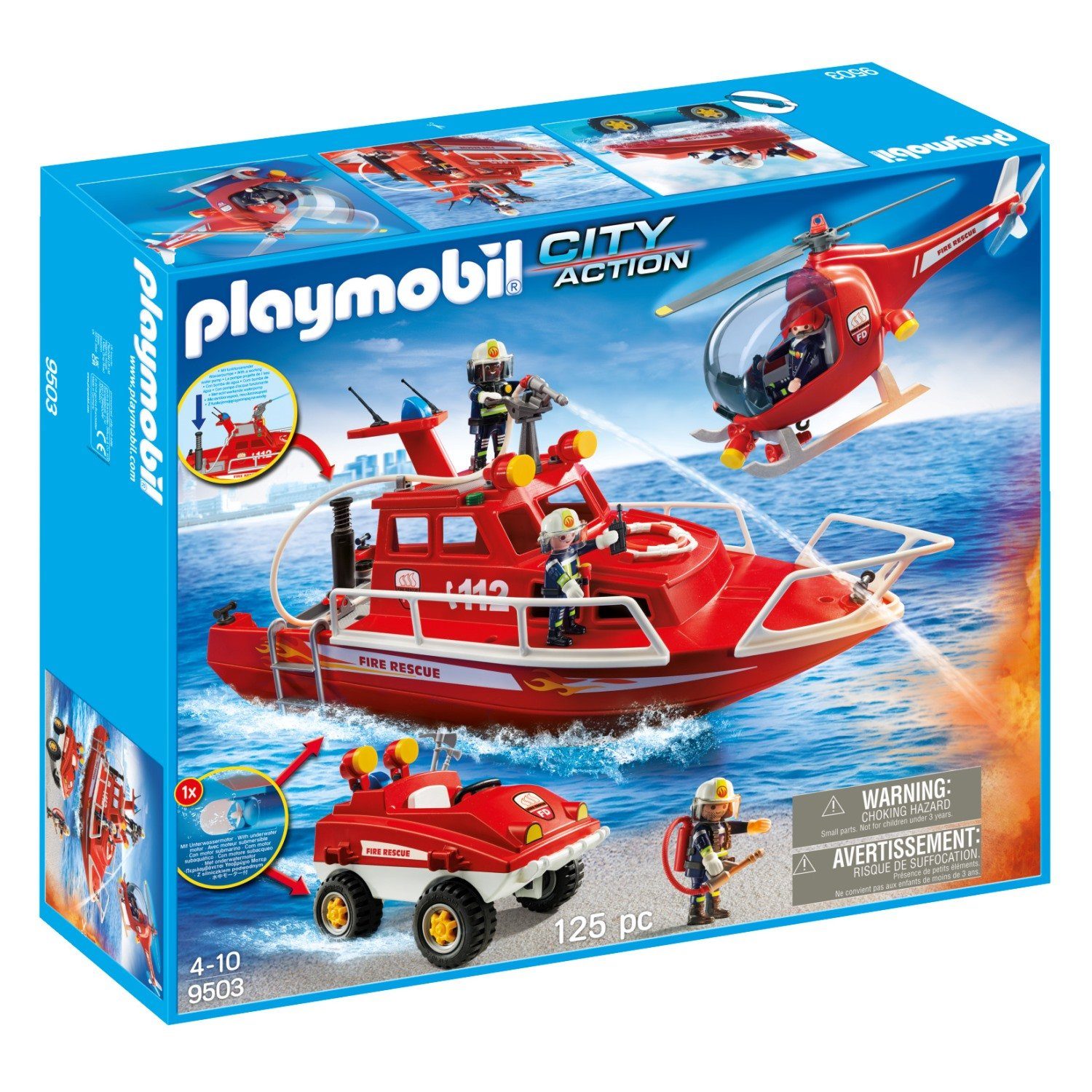 Playmobil® Spielwelt »City Action Feuerwehr-Boot Hubschrauber 9503«,  Fahrzeug Pumpe Unterwasser-Motor Hubschrauber Rettung Feuerwehr-Boot  Spielzeug-Figuren Lösch-Aktion