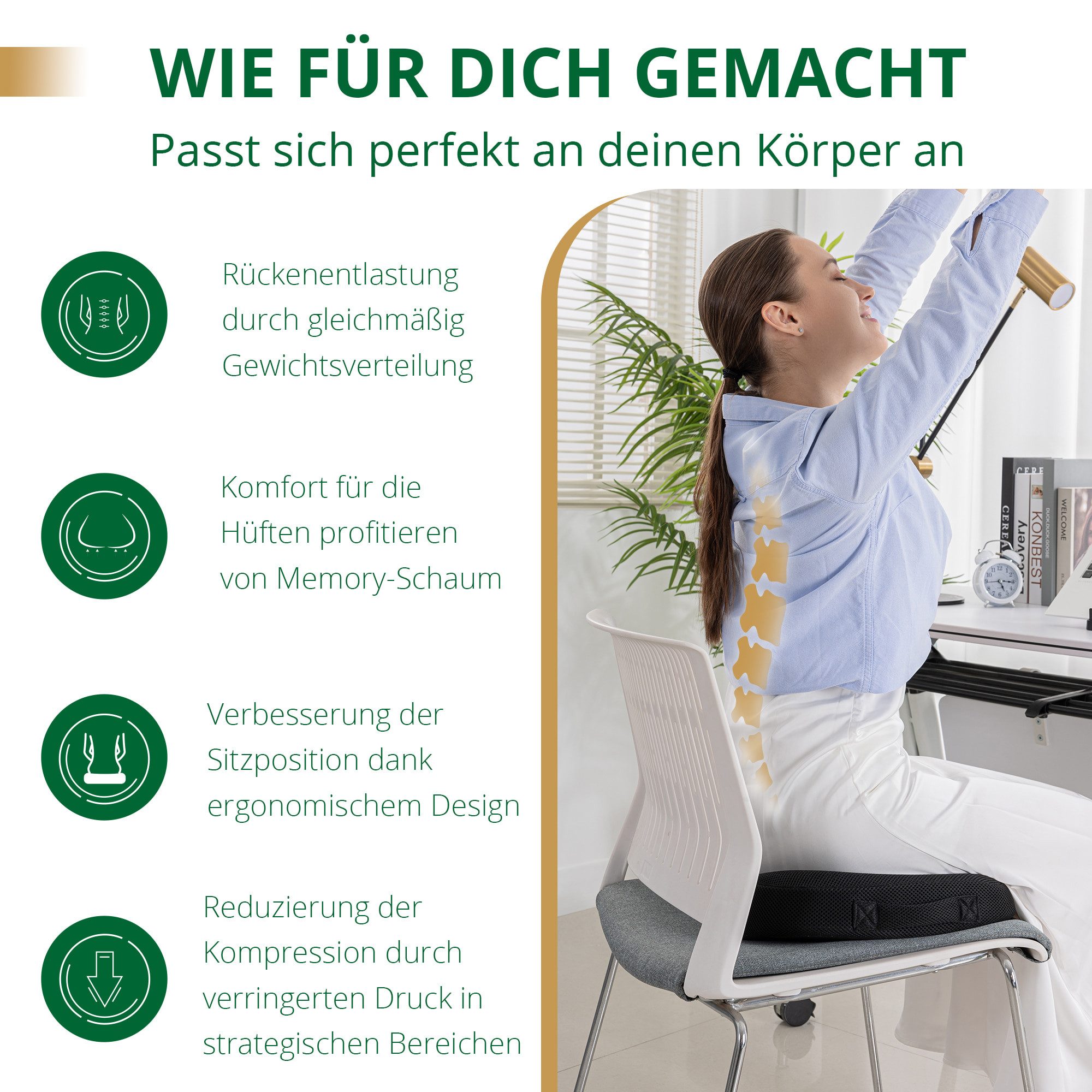 emerspring Sitzkissen Ergonomisches Keilkissen Charcoal Memory Foam Steißbeinkissen, Sitzkissen für Büro, Auto & Reisen mit Druckentlastung