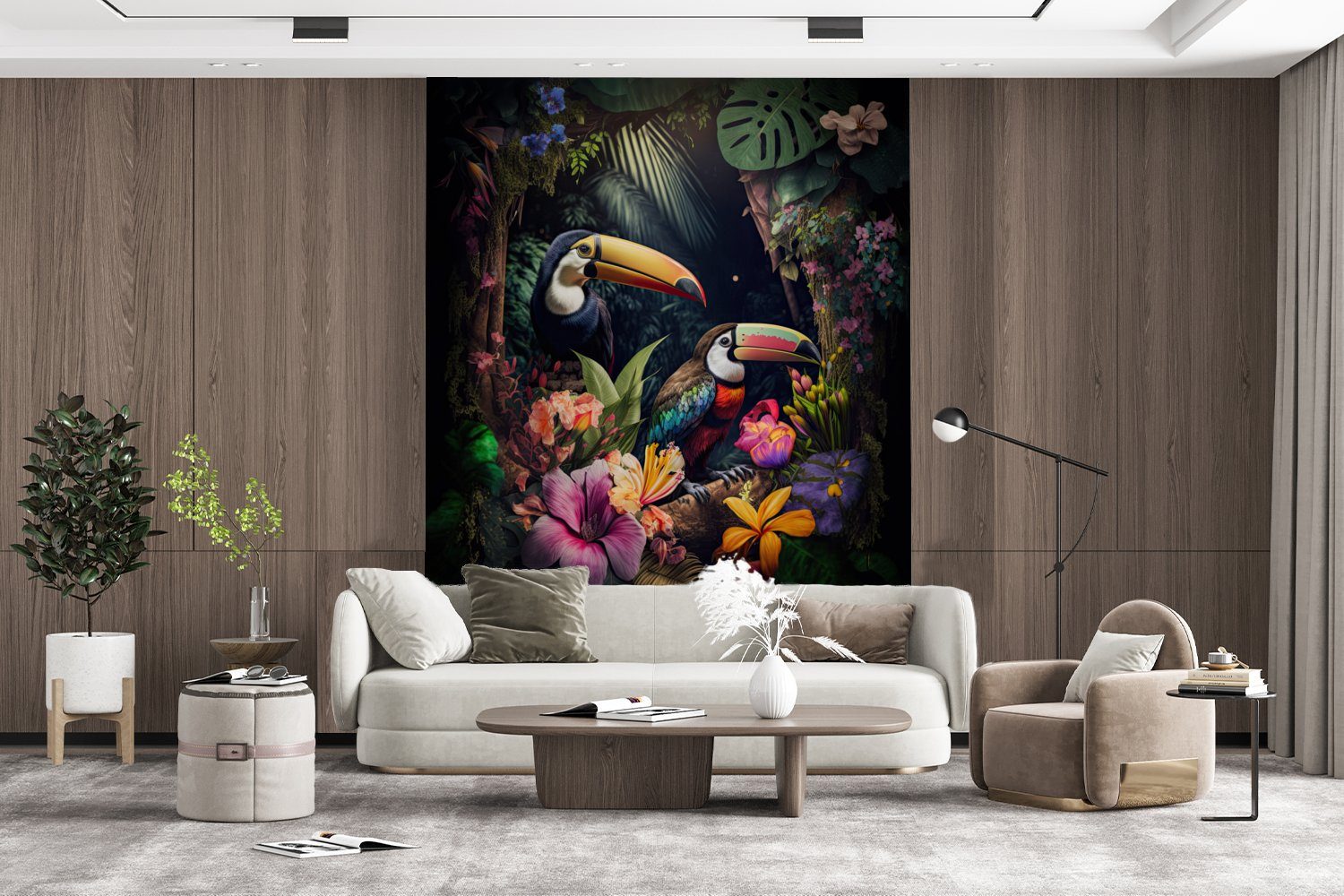 MuchoWow Fototapete Tukan - Matt, Dschungel, Montagefertig Pflanzen - St), Wohnzimmer, (4 bedruckt, Wandtapete Vinyl für Tapete - Blumen
