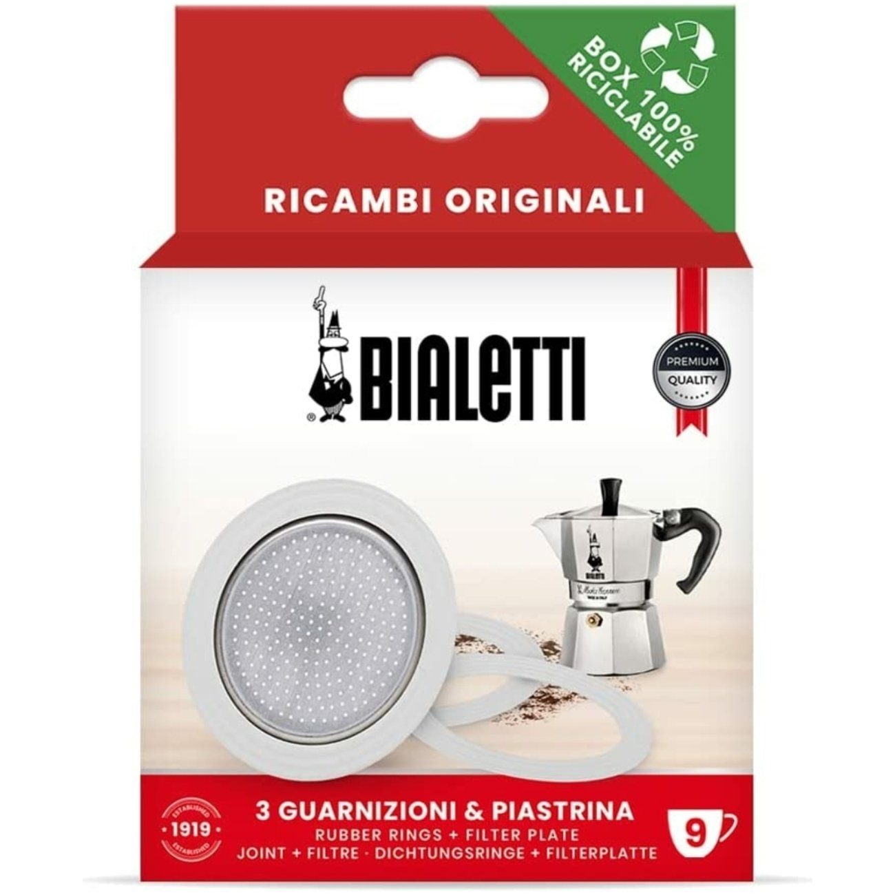 BIALETTI Dichtungsring Ersatzteilset für 9 Tassen Aluminium, 4-teilig (1 Set) Aluminium, 3 Dichtungen + 1 Filter