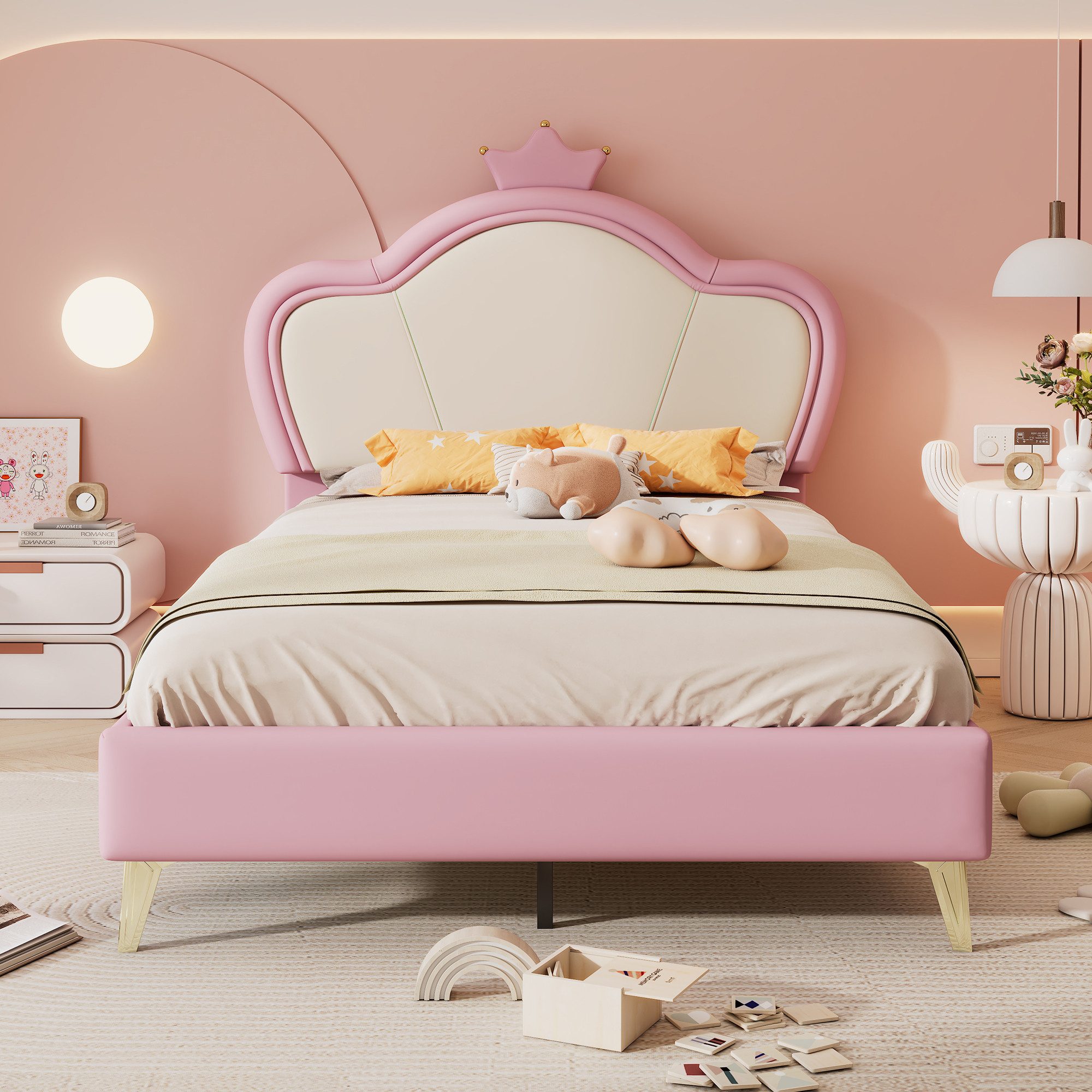 REDOM Prinzessinbett Prinzessinbett, mit weichen Schutzkanten, Kopfteil mit Krone (Kinderbett, mit Krone und weichen Schutzkanten, Elegantes Polsterbett für Kinder – 90x200 cm), ohne Matratze
