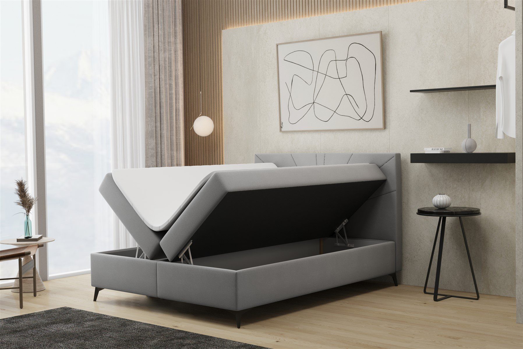 Fun Möbel Boxbett Schlafzimmerbett PONCE in Überlänge in Stoff (inkl. Bettkasten, inkl. Kaltschaumtopper), Überlänge 220cm
