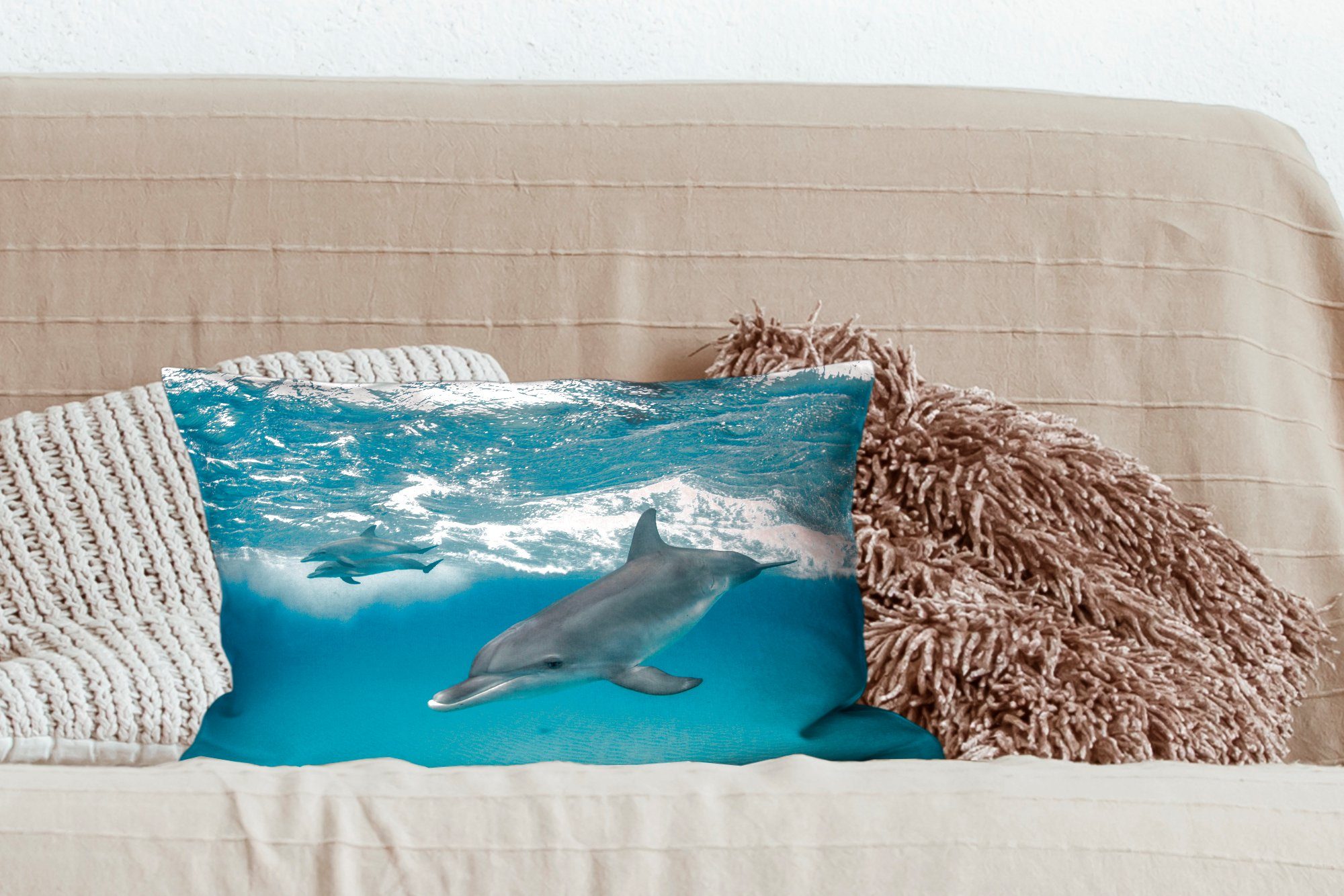Wasser - Schlafzimmer Meer, Wohzimmer Zierkissen, Dekokissen Füllung, Dekoration, - Dekokissen Delfin MuchoWow mit