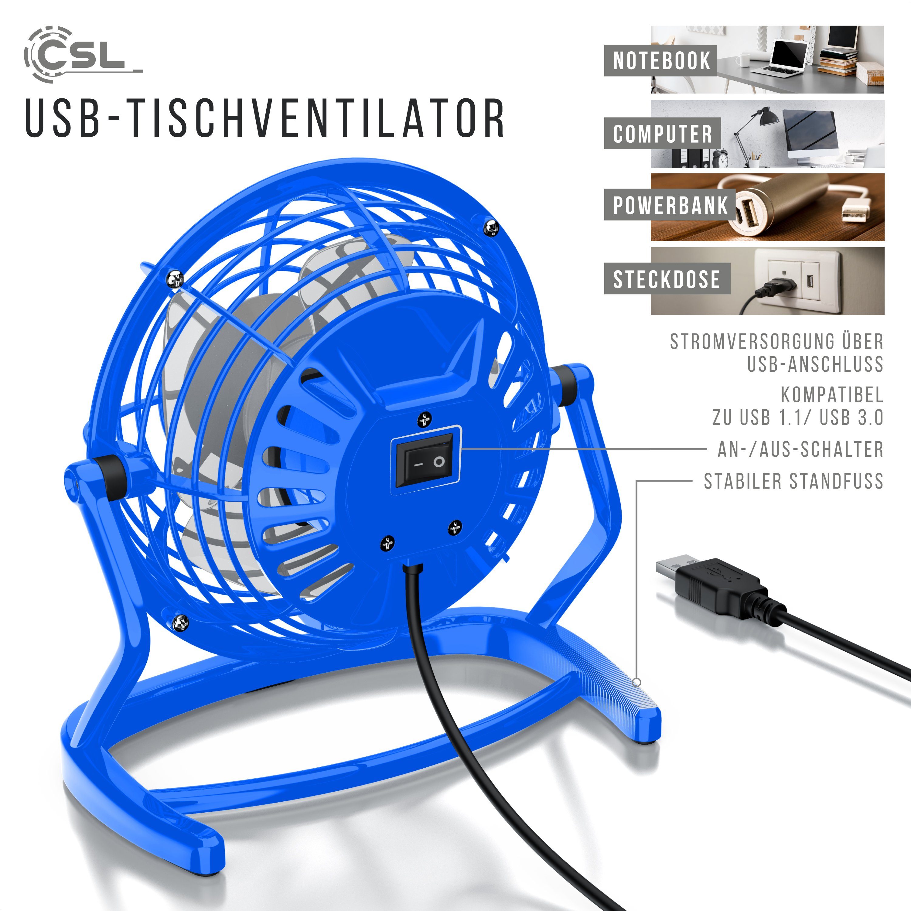 USB-Ventilator, für CSL blau optimal An/Aus-Schalter, Mini neigbar, Tischventilator den Schreibtisch