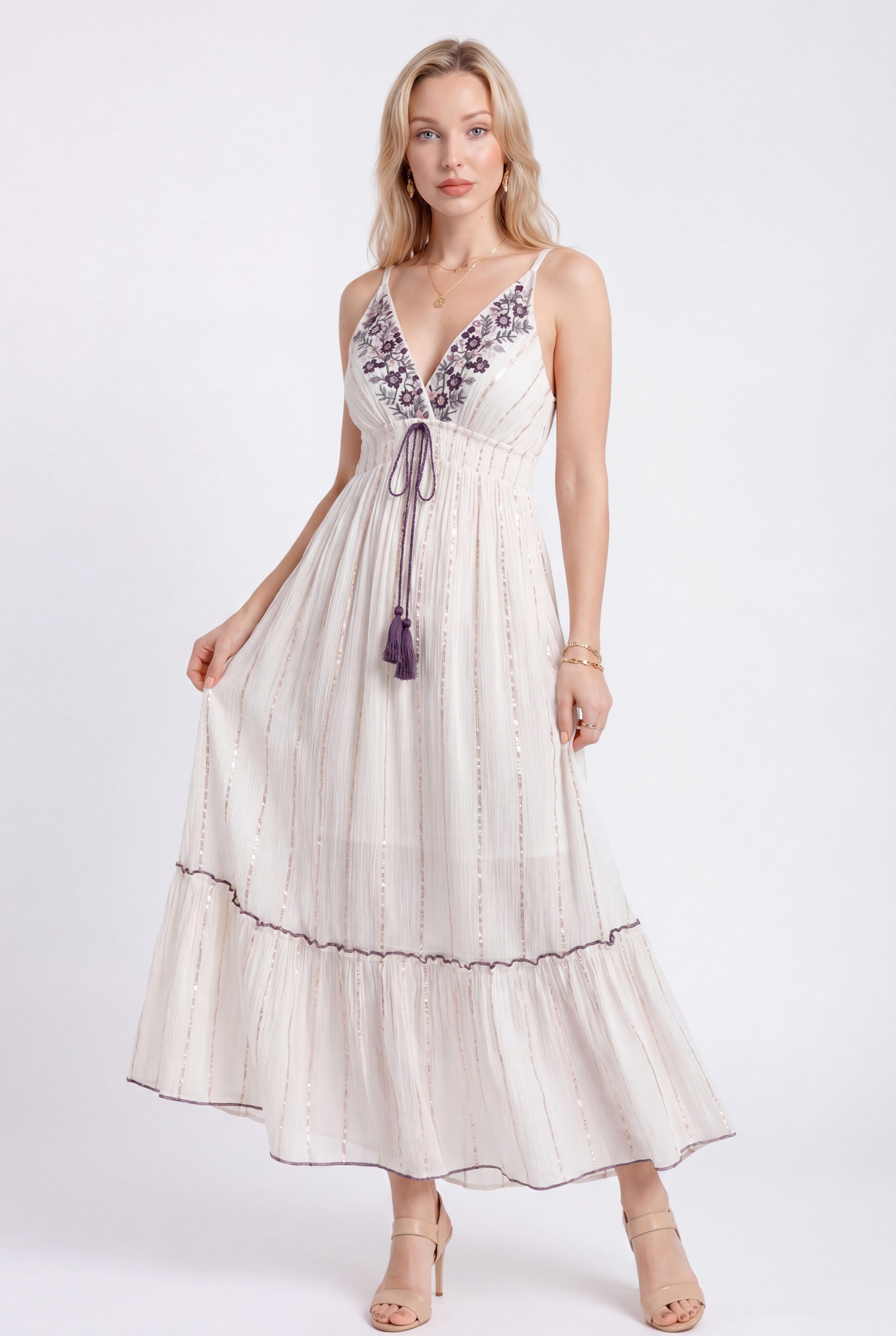 YC Fashion & Style Maxikleid Sommerkleid mit floraler Stickerei und elastischer Empire-Taille aus Viskose