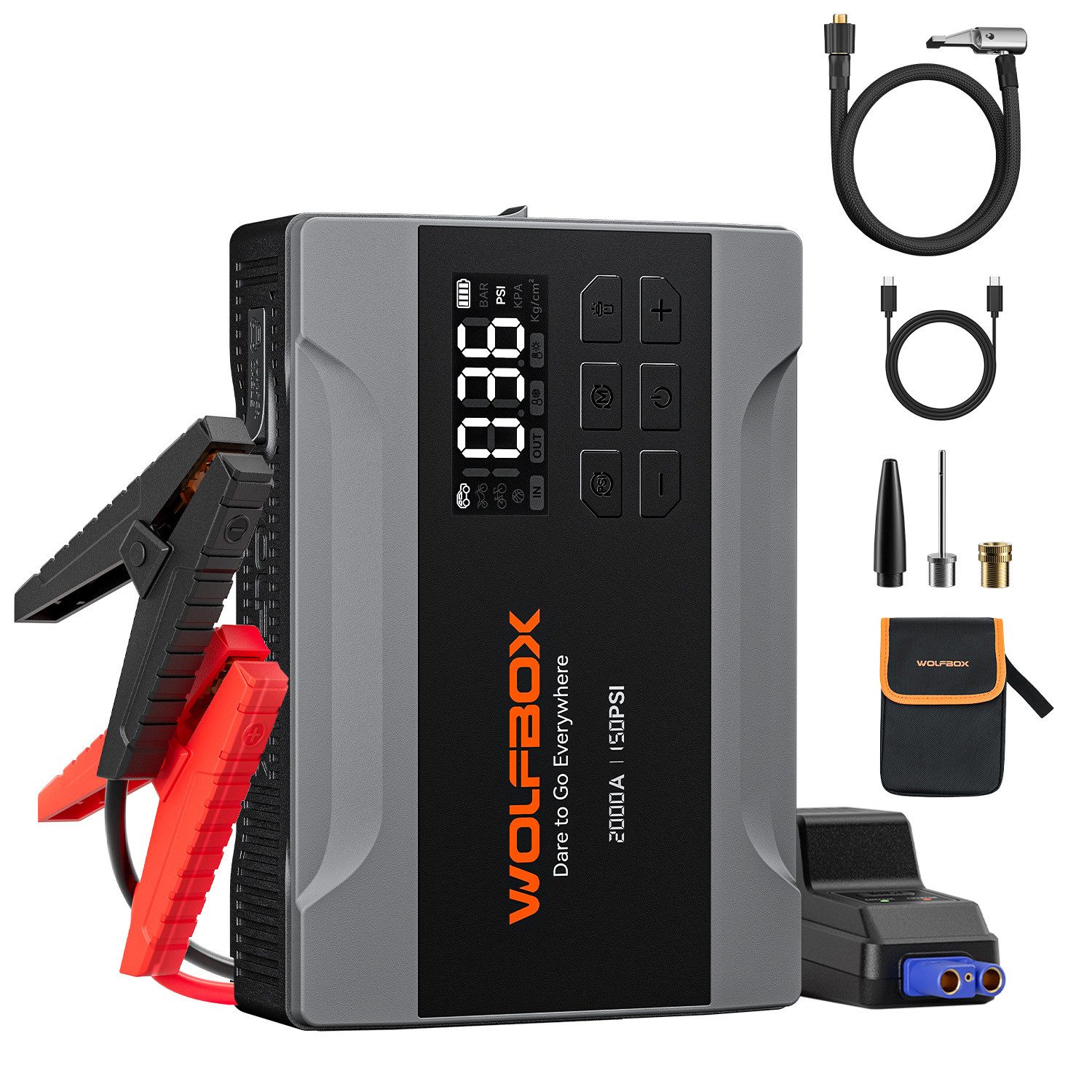WOLFBOX 2000A Starthilfe mit 160 PSI Luftkompressor Starthilfegerät 10 mAh (12 V, 1 St), 37 Wh/10.000 mAh, LED