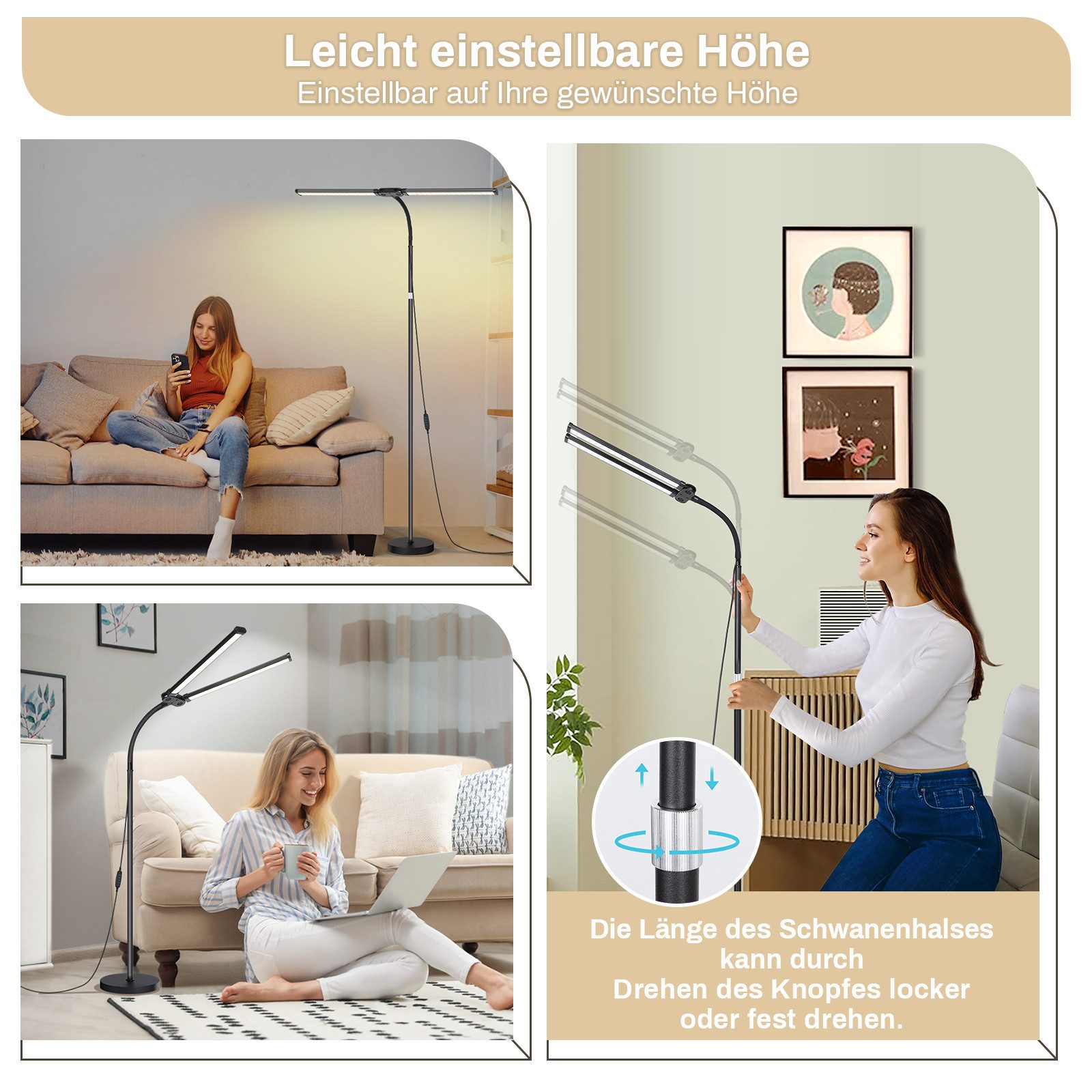 MUPOO LED Stehlampe Doppelkopf LED Stehleuchte,Moderne LED Leselampe, 10 Stufen Helligkeit, Einstellbar & 3 Farbtemperaturen,für Wohnzimmer Büro Crafting