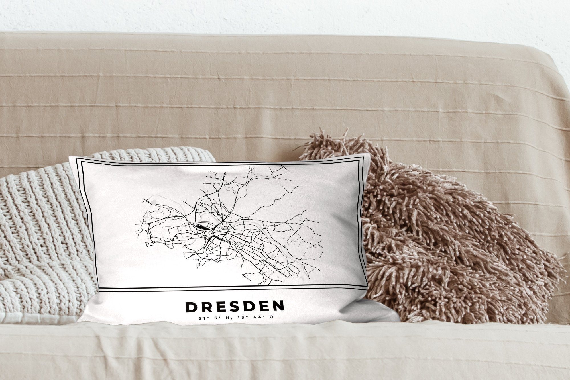 und Schwarz weiß - - Dresden, Zierkissen, Schlafzimmer Dekokissen Wohzimmer Dekokissen Stadtplan - Füllung, MuchoWow Deutschland mit Dekoration,