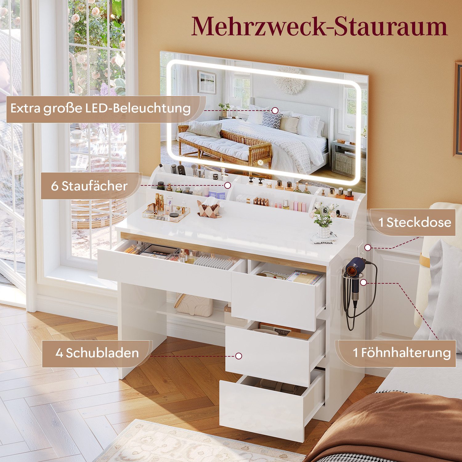 Furnicopia Schminktisch Mit dreifarbiger LED-Beleuchtung, Abmessungen 80 × 40 × 137 mm (Helligkeit einstellbar, mit vier Schubladen und sechs Staufächern, zwei  – Bild 4 von 5