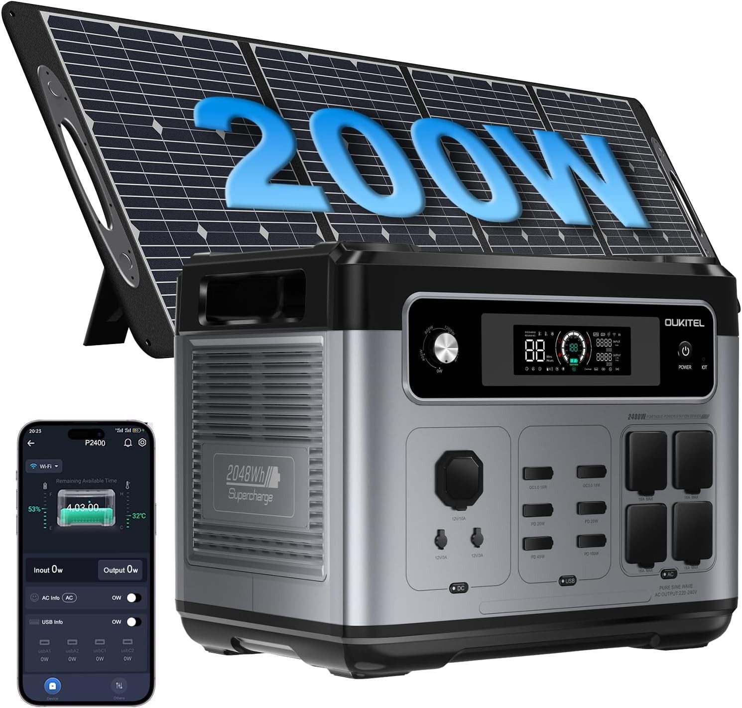 OUKITEL Stromerzeuger P2001E Plus 2400W Tragbare Powerstation, 2,4 in kW, (LiFePO4-Akku, 1-tlg., Mit 200W Solarpanel), Solargenerator mit 4*AC Ausgänge 2400W, für Camping,Wohnmobil,Notfall