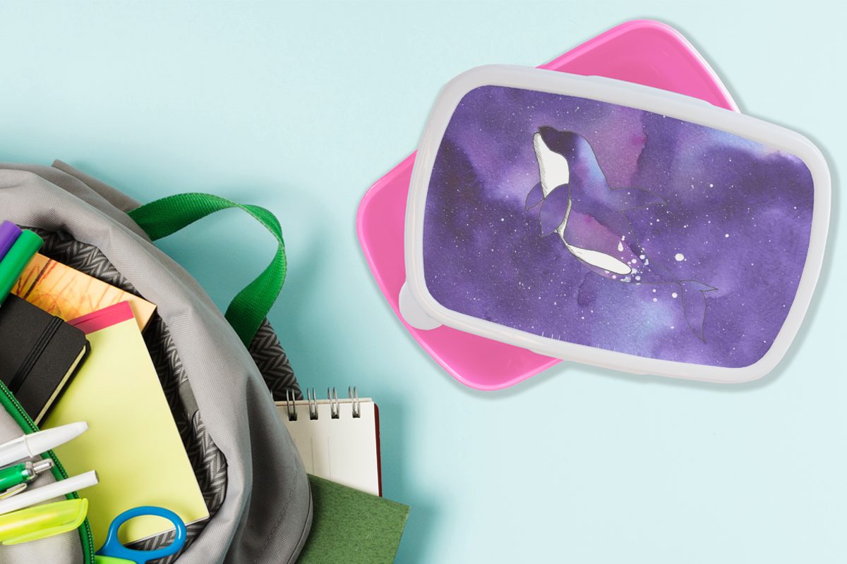Kunststoff Lunchbox - für Kinder, Wal Aquarell, MuchoWow Mädchen, Snackbox, Lila Tiere rosa (2-tlg), Brotdose - Kunststoff, Brotbox Erwachsene, -