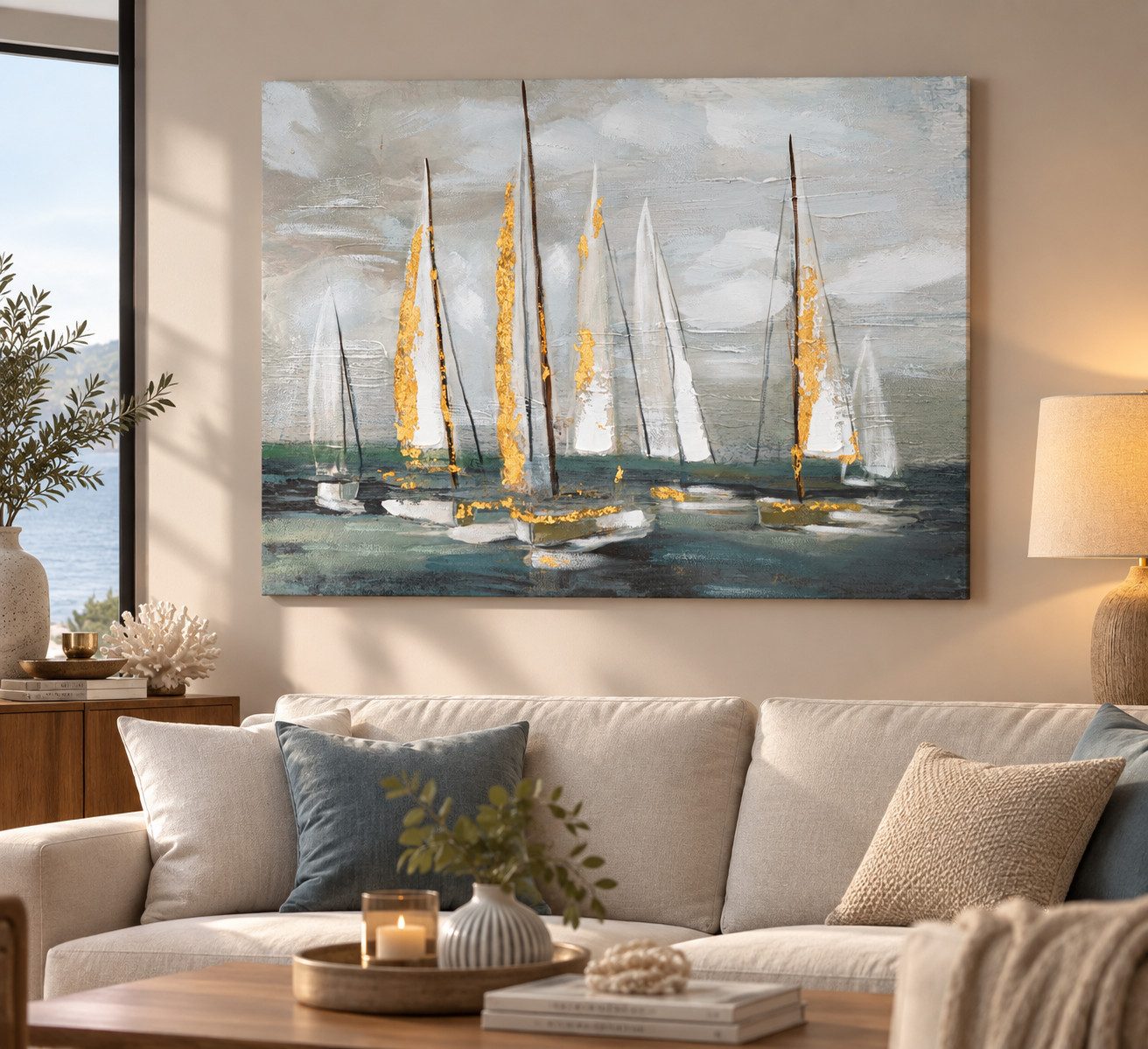 MF Leinwandbild Leinwandbild Gold Boat Segelboote 100 x 80 cm, (1 St)