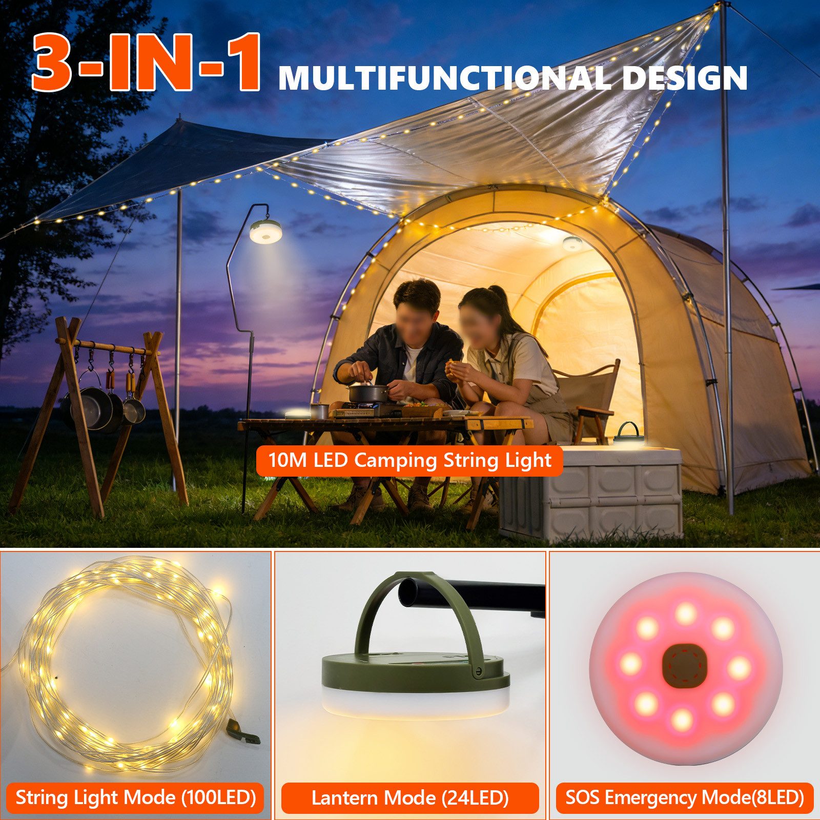 OZAVO LED-Lichterkette Camping Lichterkette Aufrollbar 3 in 1 LED-Lichterkette, 100-flammig, 3 Beleuchtungsmodi für Camping, Zelt,Hof und Häuser (10M)
