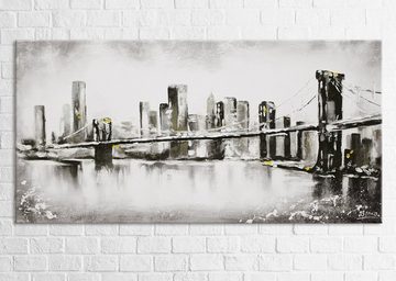 YS-Art Gemälde Großstadt, Städte, Leinwand Bild Handgemalt Schwarz Weiß Großstadt Brücke