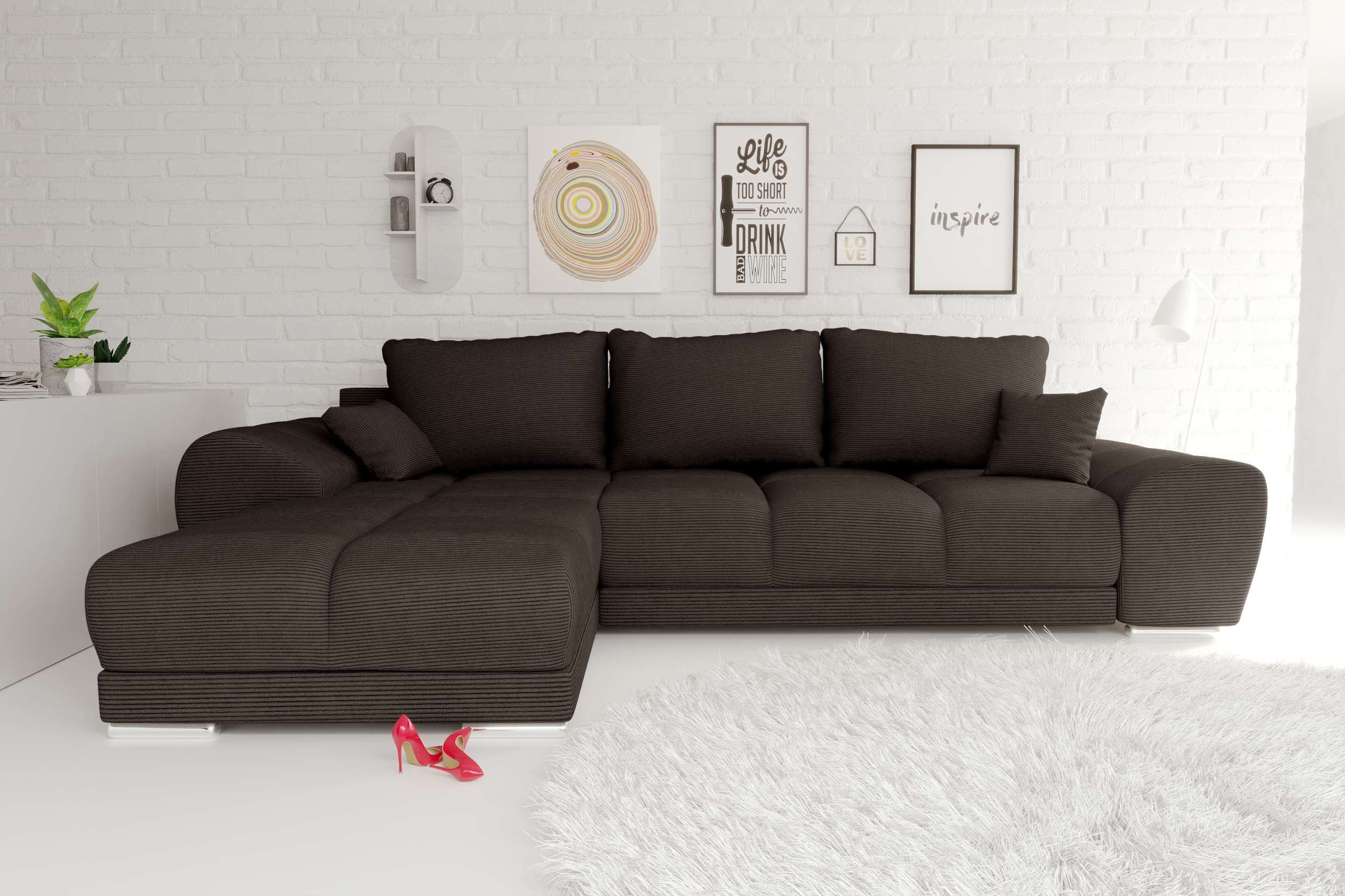 99rooms Ecksofa Antalya, Sofa L-Form, Eckcouch, mit Rückenkissen, Schlaffunktion, Cordstoff POSO
