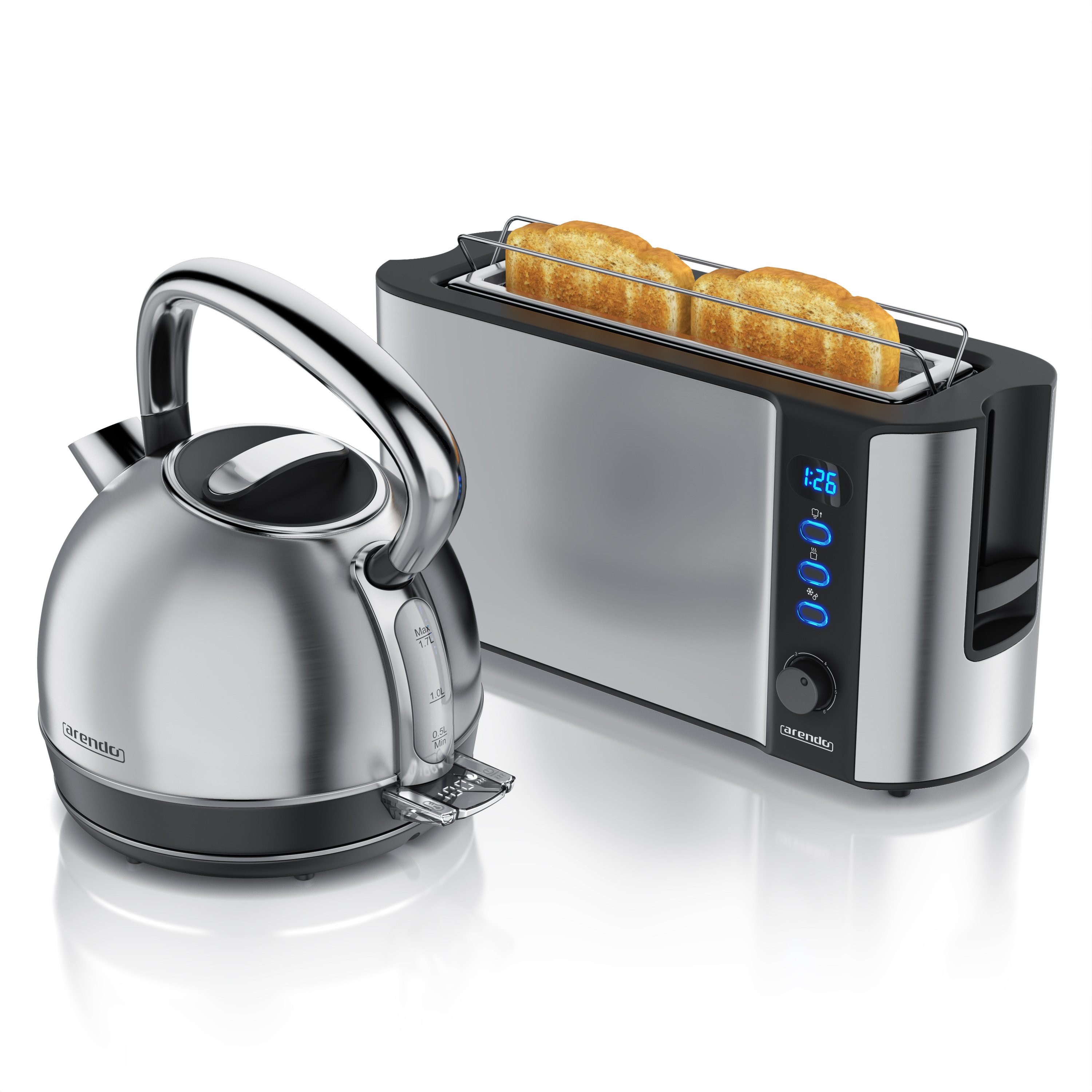 Arendo Frühstücks-Set Edelstahl Wasserkocher 1,7l, 2-Scheiben Langschlitz Toaster, silber (2-tlg), Vintage Wasserkocher Temperatureinstellung, Toaster Brötchenaufsatz