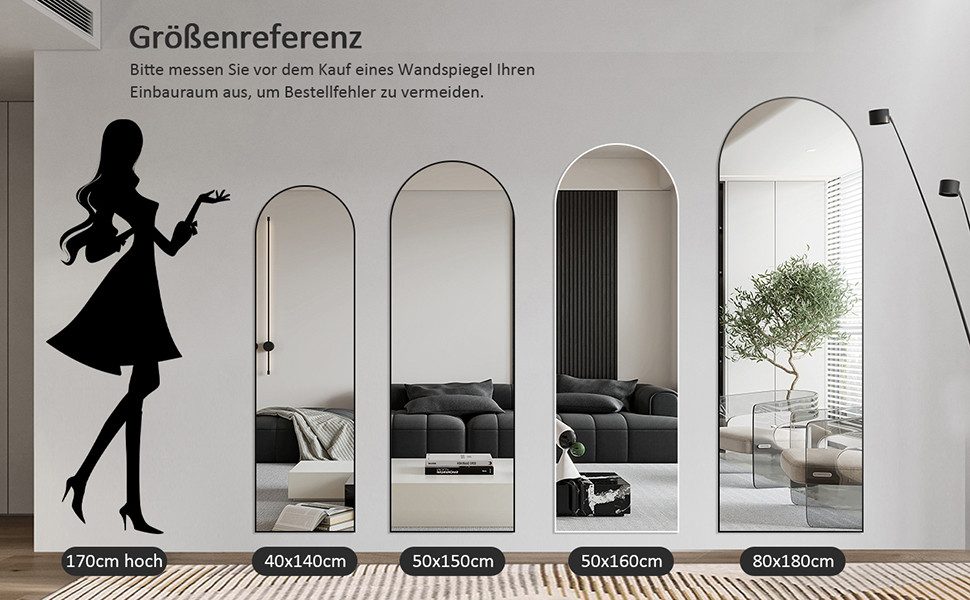 Hopibath Dekospiegel groß 180x80cm Ganzkörperspiegel für Friseurladen Friseursalon Hotel (Wandspiegel Schwarz, 1-St., Oval), 5mm HD Glas mit 20mm Alurahmen, 2Installation