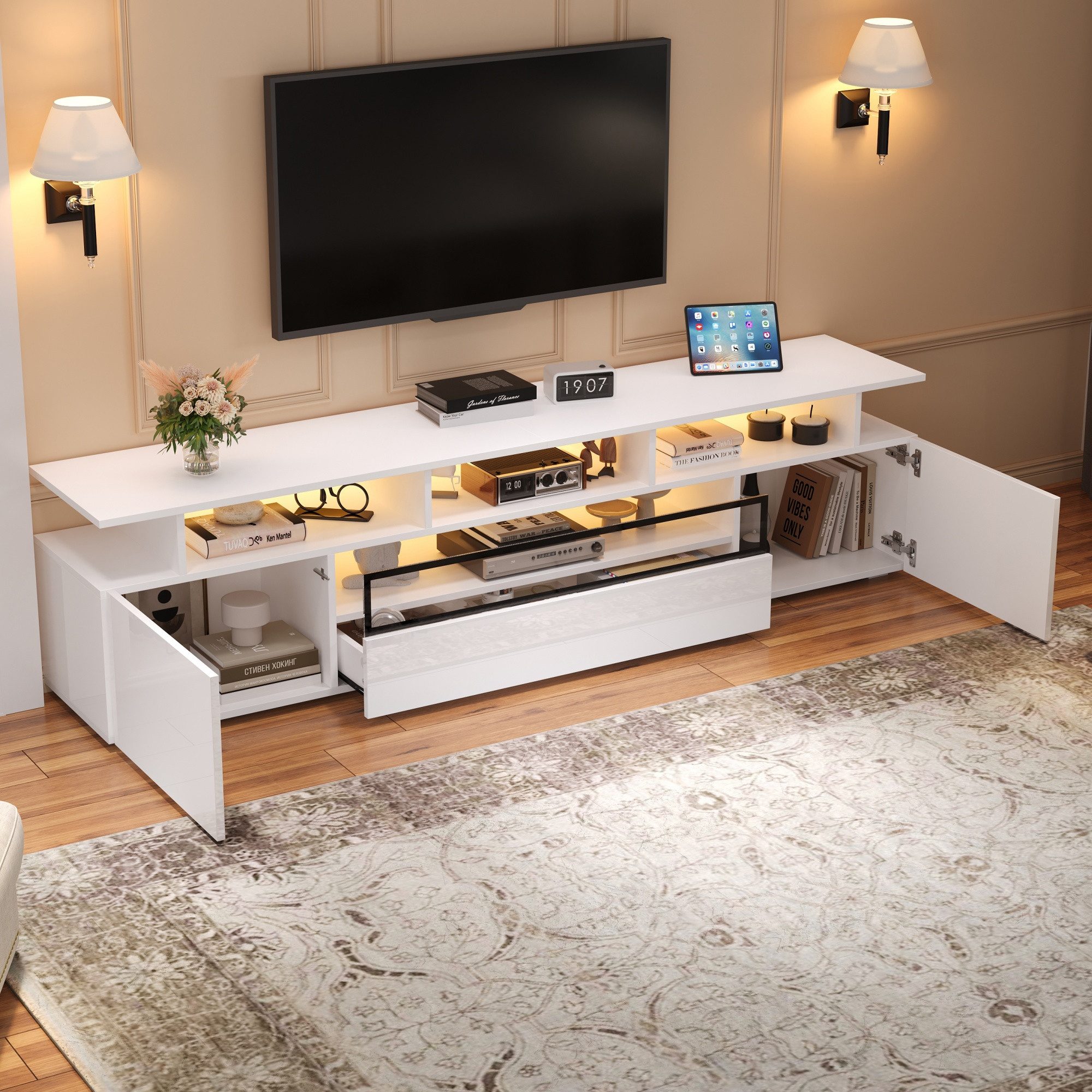 Merax Lowboard TV-Schrank mit LED-Beleuchtung (1 St), Fernsehschrank mit Schublade,2 Schränke & 10 Ablageflächen,180x38x45cm