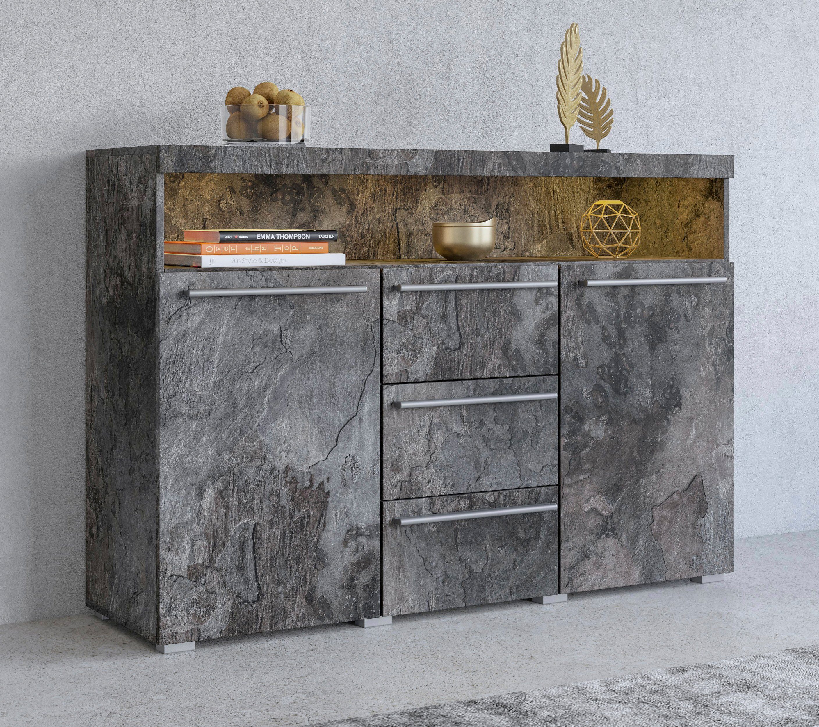 INOSIGN Sideboard India,Breite 132cm stilvolle Anrichte mit 2Türen, 3 Schubladen, Kommode viel Stauraum, Einlegeböden verstellbar,ohne Beleuchtung