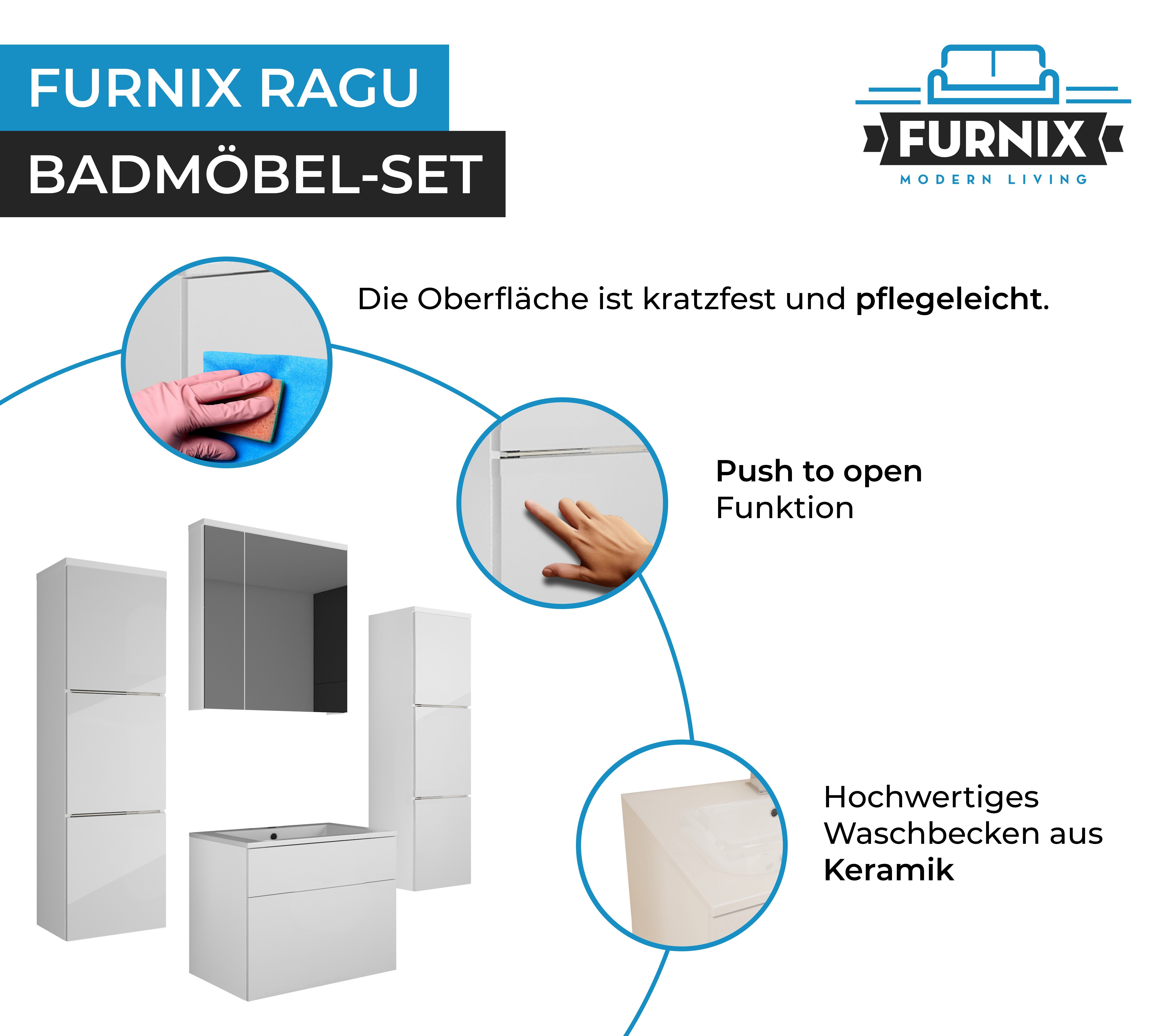 Furnix Badmöbel-Set RAGU 5-teilig, 4 Auswahl, Weiß Push&Click Hängeschränke modern + Waschbecken