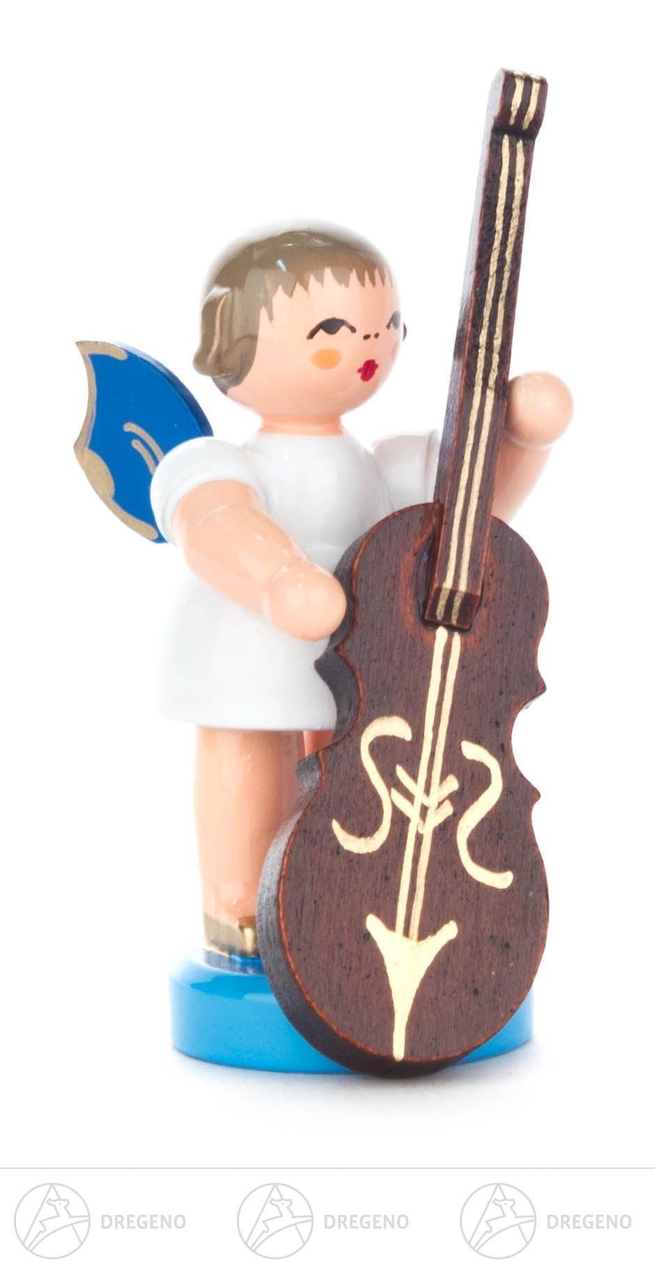 Dregeno Erzgebirge Engelfigur Engel mit Zupfbass stehend, blaue Flügel Höhe ca 6,5 cm NEU