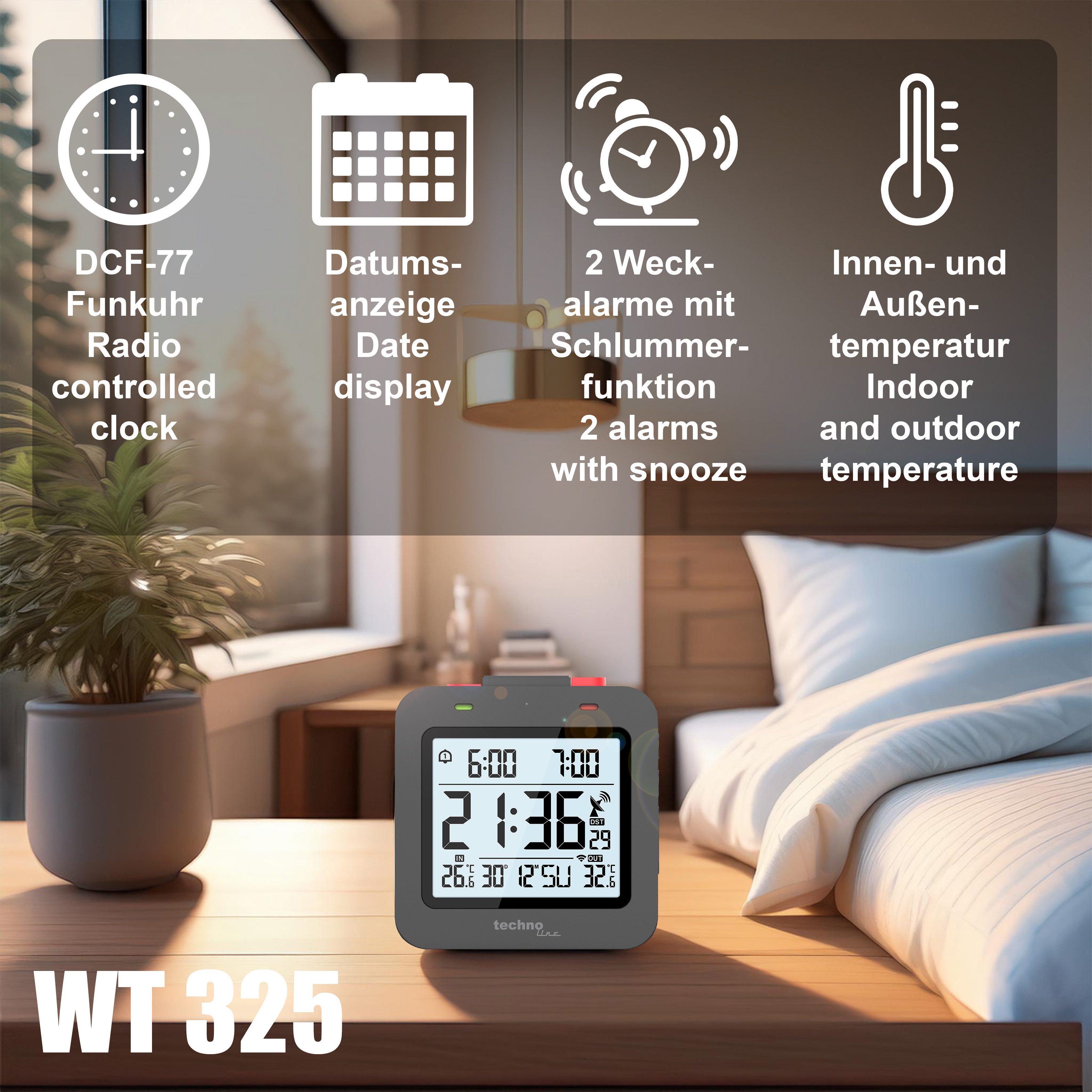technoline Funkwecker WT 325 Funkwecker mit Temperaturanzeige und Dual-Alar günstig online kaufen