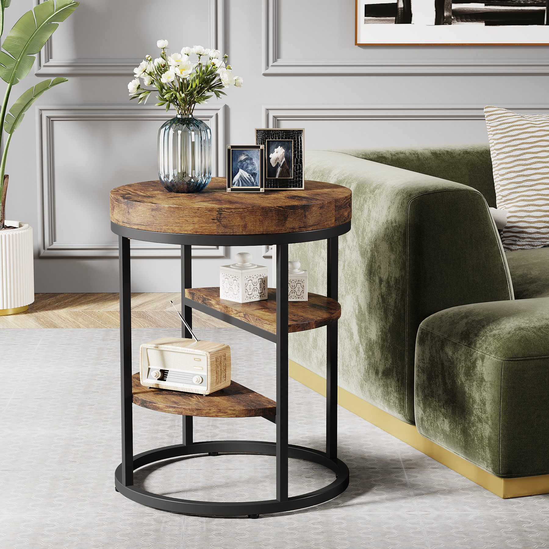 Tribesigns Beistelltisch Runder Couchtisch mit 3 Ablageflächen, Industrieller Sofatisch (50T x 50B x 60H cm), Nachttisch für Wohnzimmer Schlafzimmer