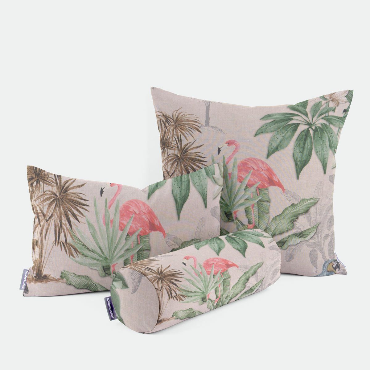 SCHÖNER LEBEN. Dekokissen SCHÖNER LEBEN. Kissenhülle Outdoor Palmen Papagei Flamingo beige bunt