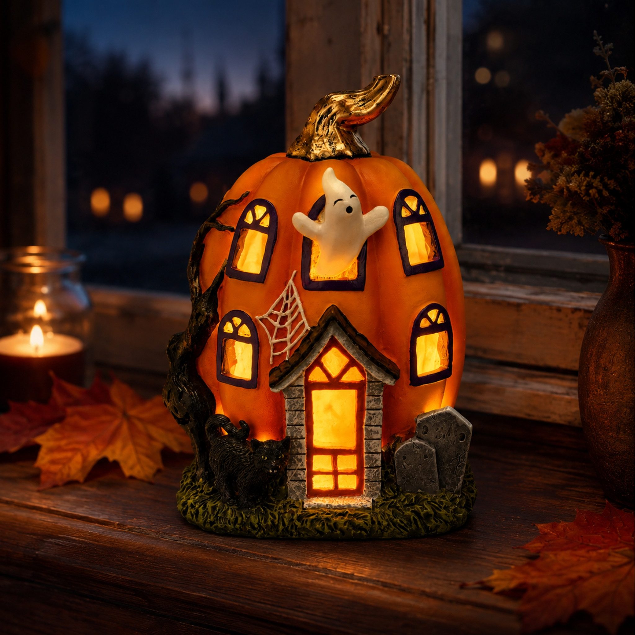 matches21 HOME & HOBBY Dekolicht LED Halloween Kürbis-Haus in 14x18x11 cm - Geist Dekofigur aus Poly, LED, Warmweiß, LED-Kürbis-Haus - Polyresin - 2×LR44 - kein Timer