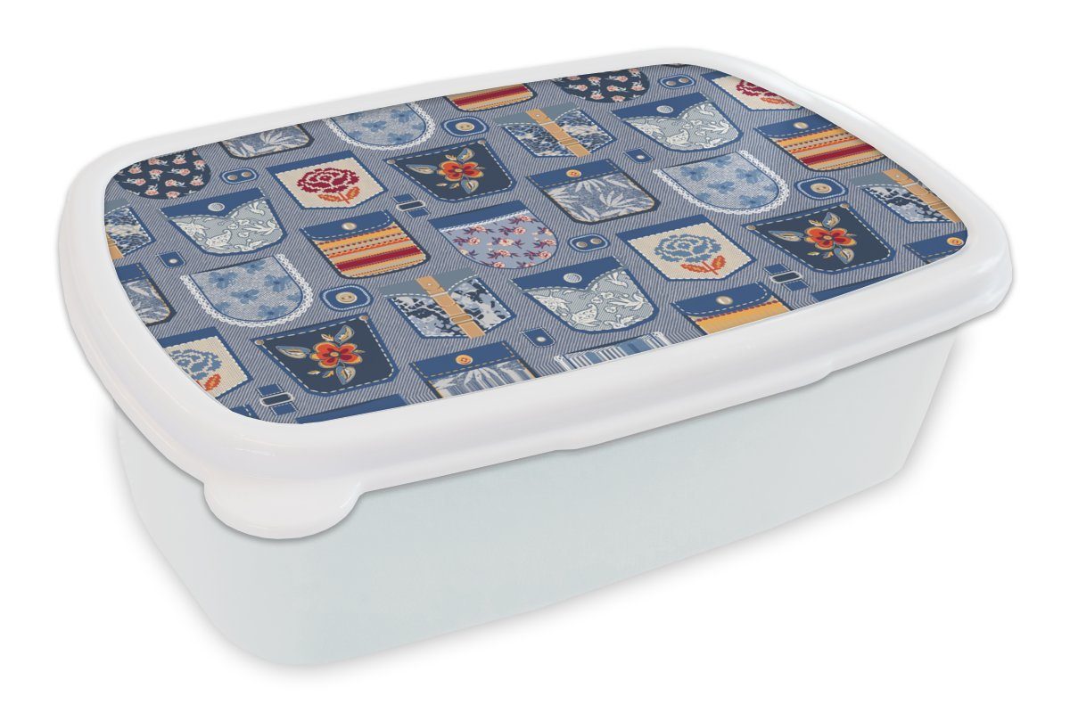 MuchoWow Lunchbox Hosen - Denim - Aufnäher - Schnittmuster, Kunststoff, (2-tlg), Brotbox für Kinder und Erwachsene, Brotdose, für Jungs und Mädchen weiß