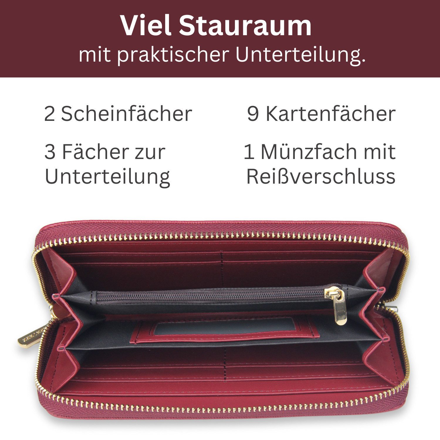 Frentree Geldbörse Damen Portemonnaie mit Rundum-Reißverschluss, 9 Karten, Handyfach, mit 3 große Fächer und RFID-Schutz,inkl. Geschenkbox