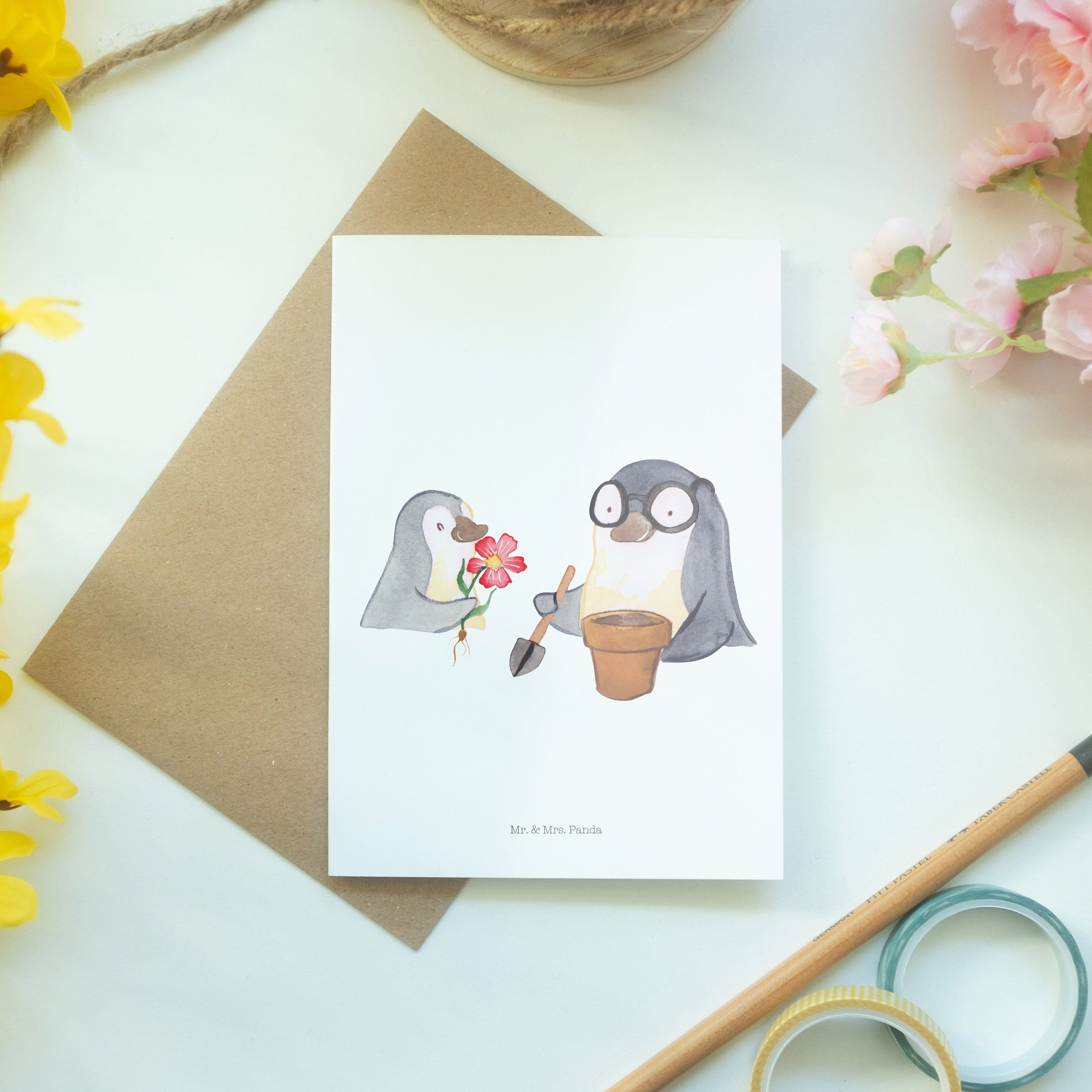 Mr. & Mrs. Panda Blumen - Geschenk, Opa pflanzen Pinguin Glückwunschkarte Opi, Weiß - Grußkarte