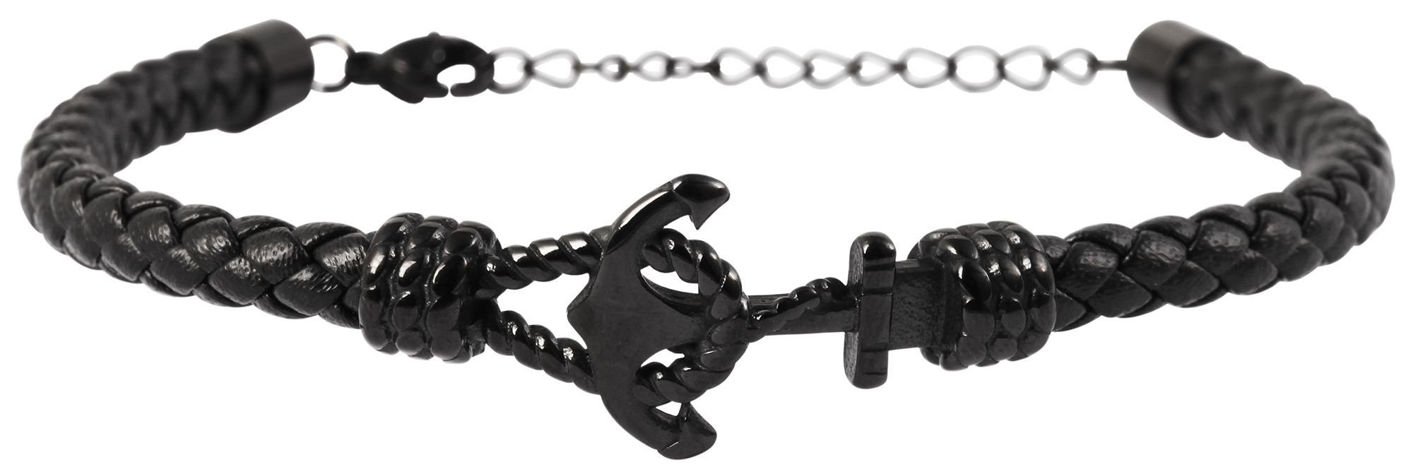 AKZENT Lederarmband Vukasin Armband aus Echtleder geflochten mit Edelstahlelement Anker (einzeln) Schwarz