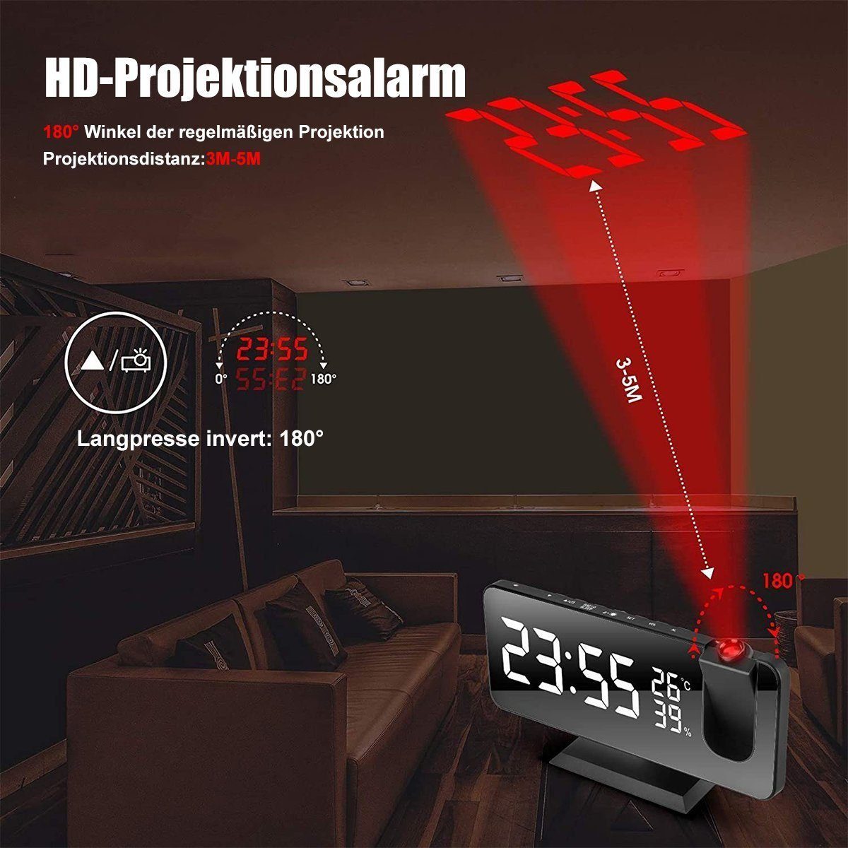 Novzep Projektionswecker Projektionswecker, 15 Luftfeuchtigkeit Lautstärkestufen Temperatur